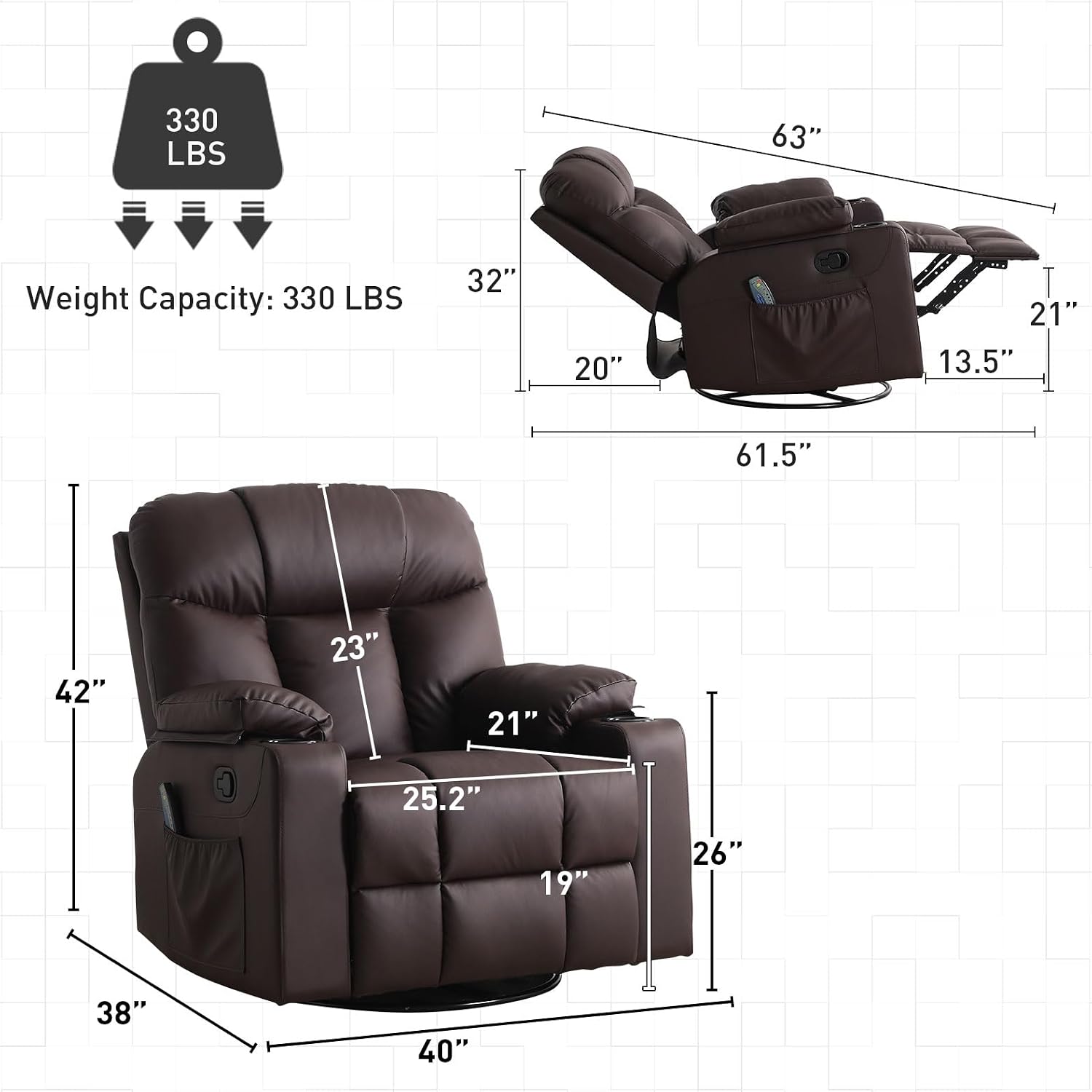 Bonzy Home Swivel Rocker Recliner with Heating and Massage, 40' Manual Rocker Recliner Chair, PU Leather Single Sofa with 2 Cup Holders for Living Room Bedroom, Brown