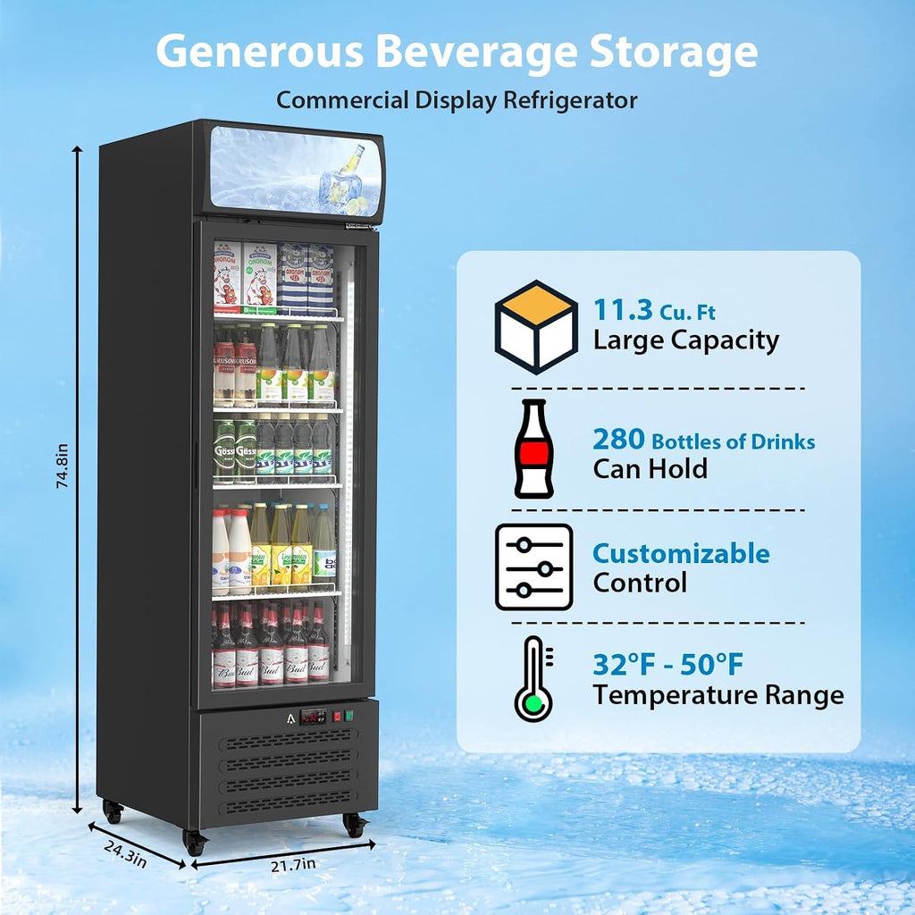 Commercial Display Refrigerator with Single Glass Door, 11.3 Cu.Ft Upright Beverage Cooler with Adjustable Shelves, Soft LED Lighting, Merchandiser Fridge for Home, Restaurant, and Garage, Black