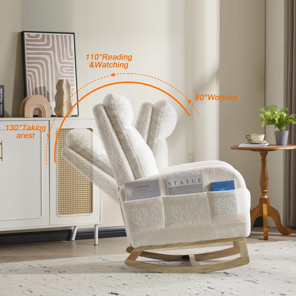 Rocking Chair Nursery with Foot Rest, Sherpa Nursing Rocking for Mom Nursery Rocker Chair with High Backrest, Armchair Rocker Glider with Side Pocket for Living Room, Bedroom, Teddy White