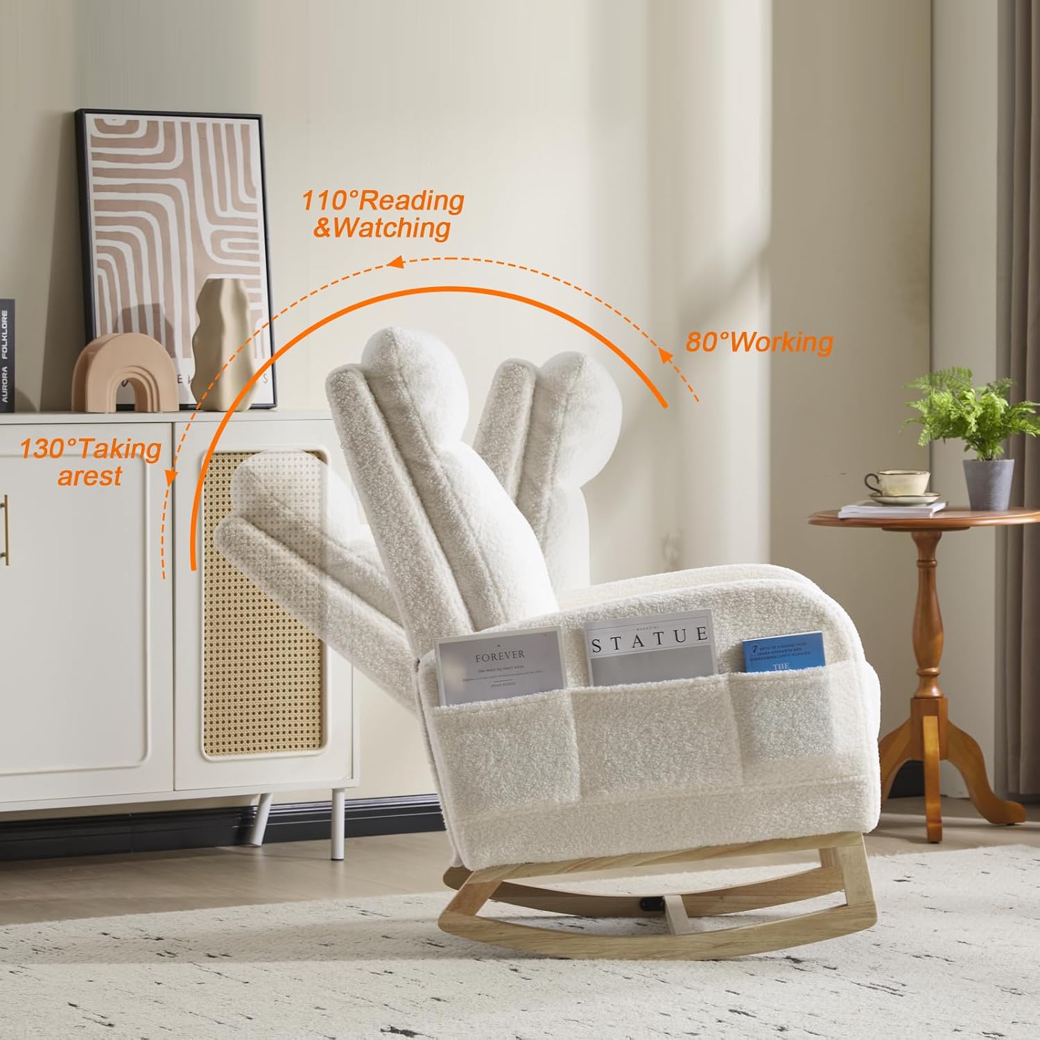 Rocking Chair Nursery with Foot Rest, Sherpa Nursing Rocking for Mom Nursery Rocker Chair with High Backrest, Armchair Rocker Glider with Side Pocket for Living Room, Bedroom, Teddy White