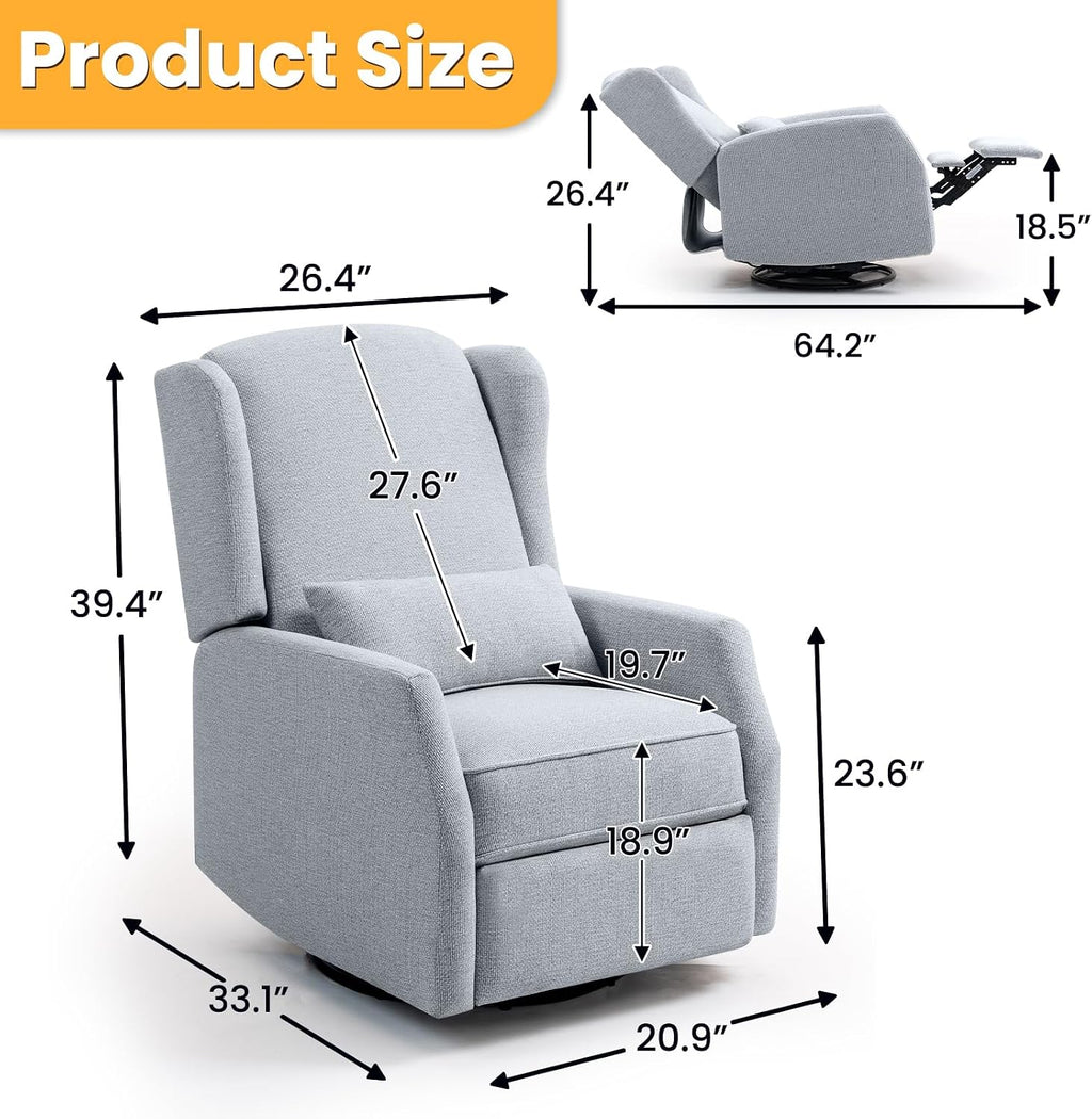 Nursery Swivel Glider Recliner Chair with Segmented Footrest, Modern 360° Rocking Manual Motion Sofa with Lumbar Pillow, Detachable Wings & Armrest for Living Room, Bedroom (LightGray)