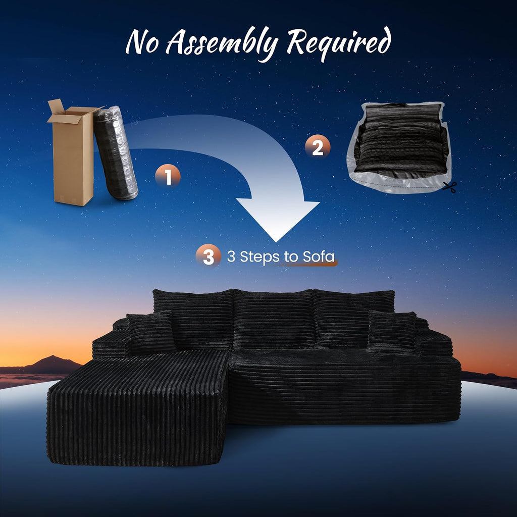 ovios 104' Cloud Boneless Couch with Glitter Fabric, Moudular Sectional Sofa with Deep Seat, No Assembly Required, Modern Minimalist L Shaped Couches with Chaise for Living Room, Black