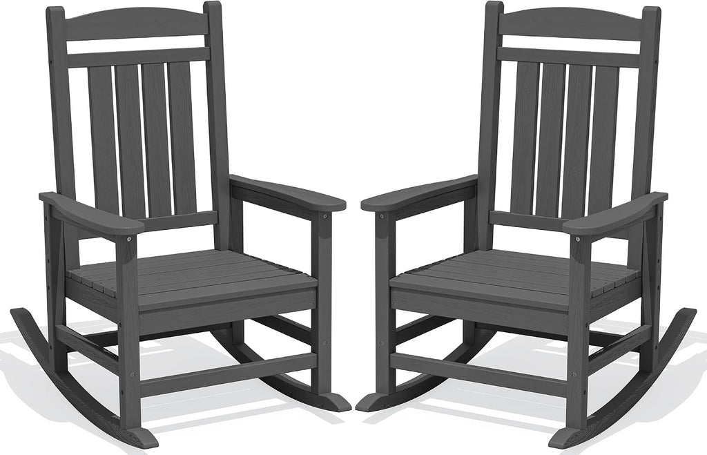 KINGYES Oversized HDPE Patio Rocking Chair Set of 2, Outdoor Rocking Chairs Porch Recliner Rocker for Adults, Grey
