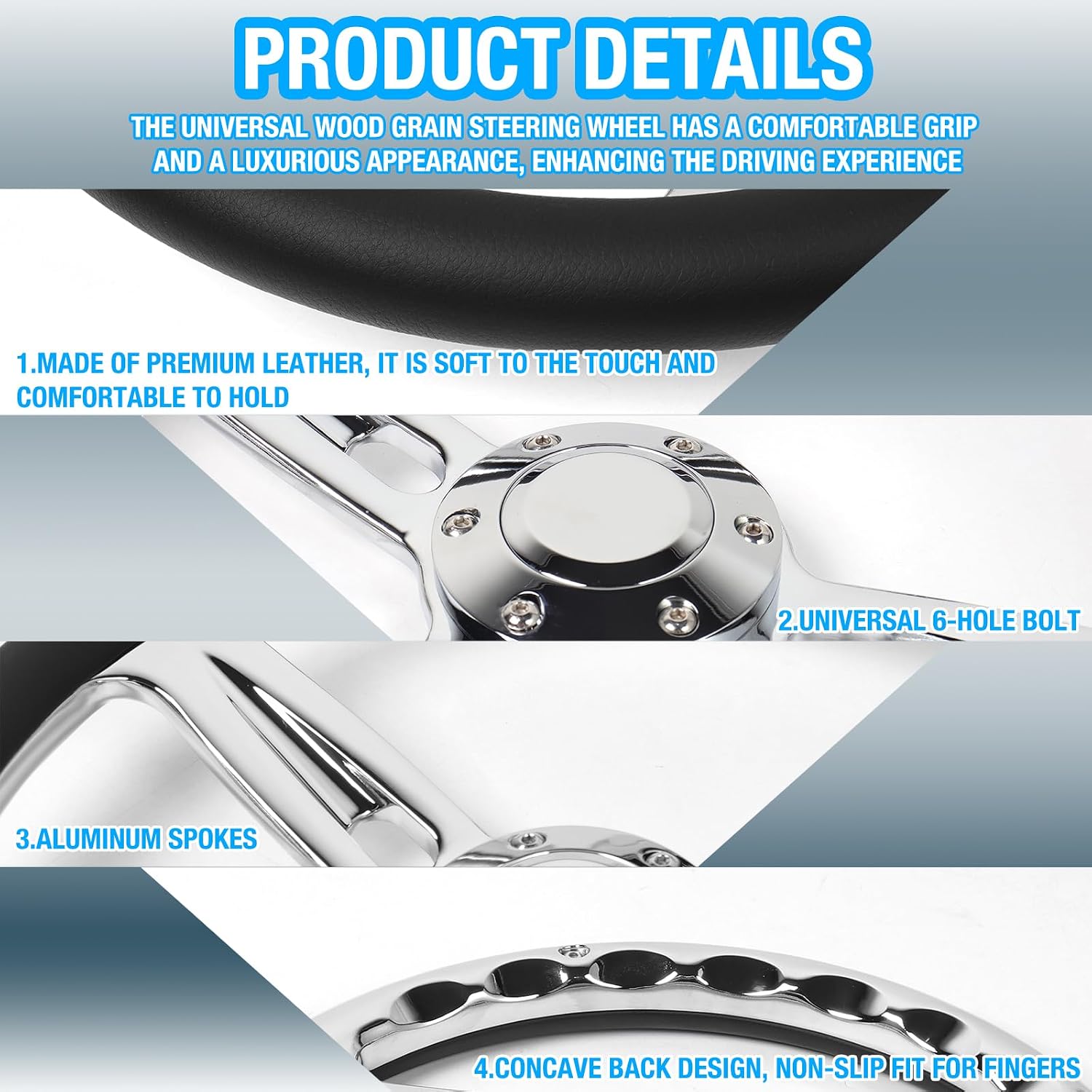 14 inch D-shaped steering wheel, 6 Bolt 3 Spokes Chrome-Plated aluminum alloy Black Microfiber Leather Grip Deep Dish 50MM with horn Fit for Cars,for Classic Car,for Vintage Car steering wheel