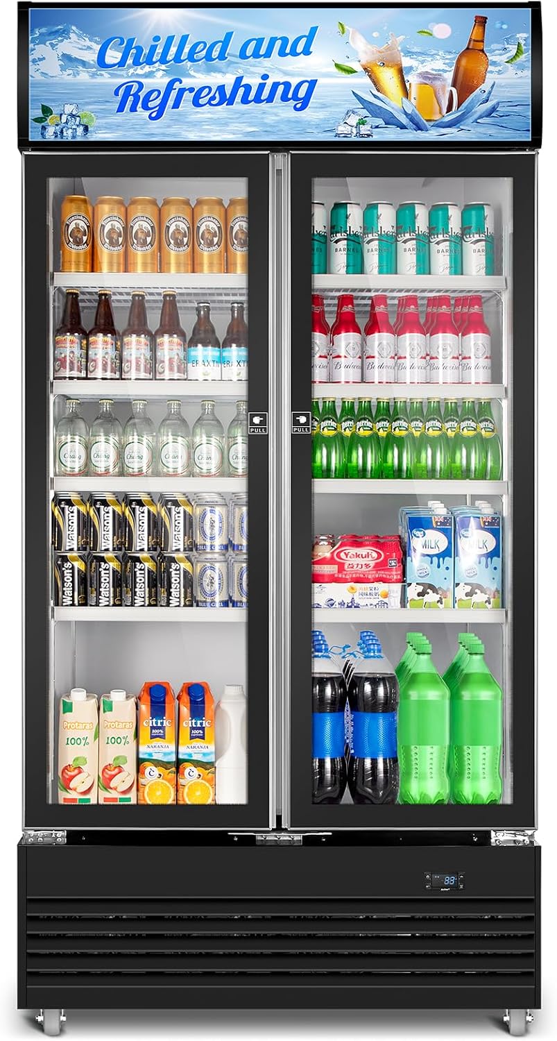 Tylza Commercial Refrigerator, Double Glass Door Display Beverage Fridge, 28.1 Cu Ft Upright Beverage Cooler Merchandiser with Replaceable Advertising Light Board, Rebound Door, Fast Cooling, Black