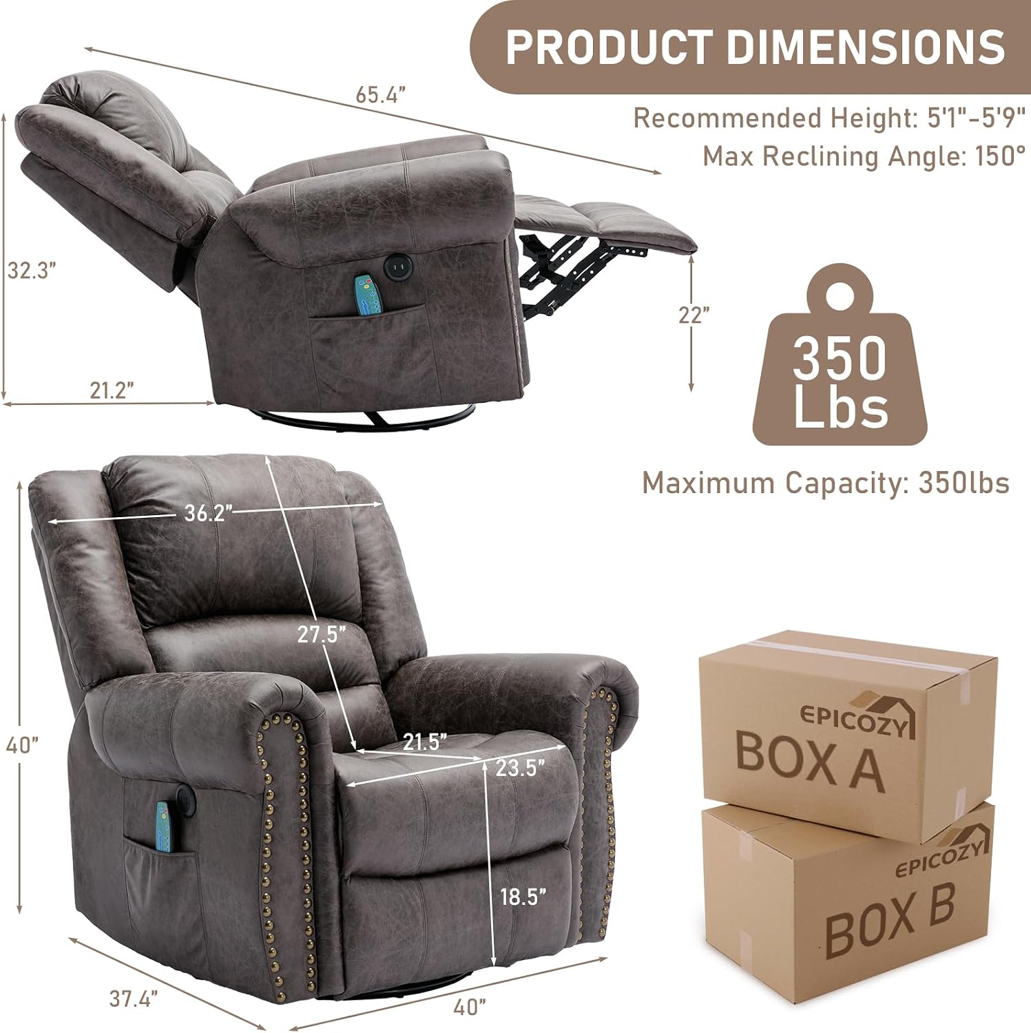 Manual Massage Swivel Rocker Recliner with Heat and Vibration, 360° Swivel Glider Rocking Recliner Chair, Classic Living Room Lounge Recliners with Side Pockets & USB Ports, Grey