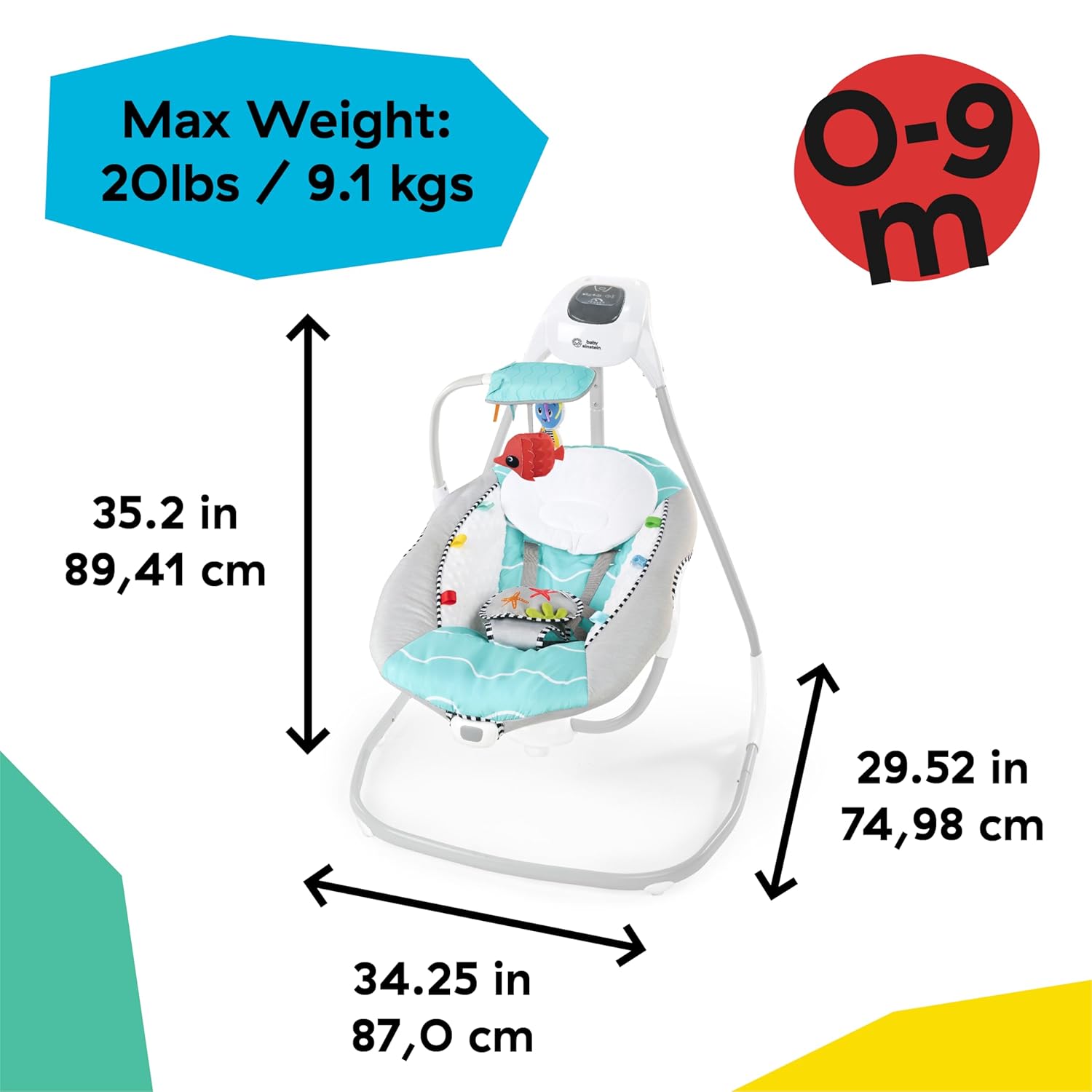 Baby Einstein Ocean Explorers Musical Compact, Lightweight Baby Swing, 6-Speed Multi-Direction, Vibrations, Music, Sounds, 0-9 Months - Grey