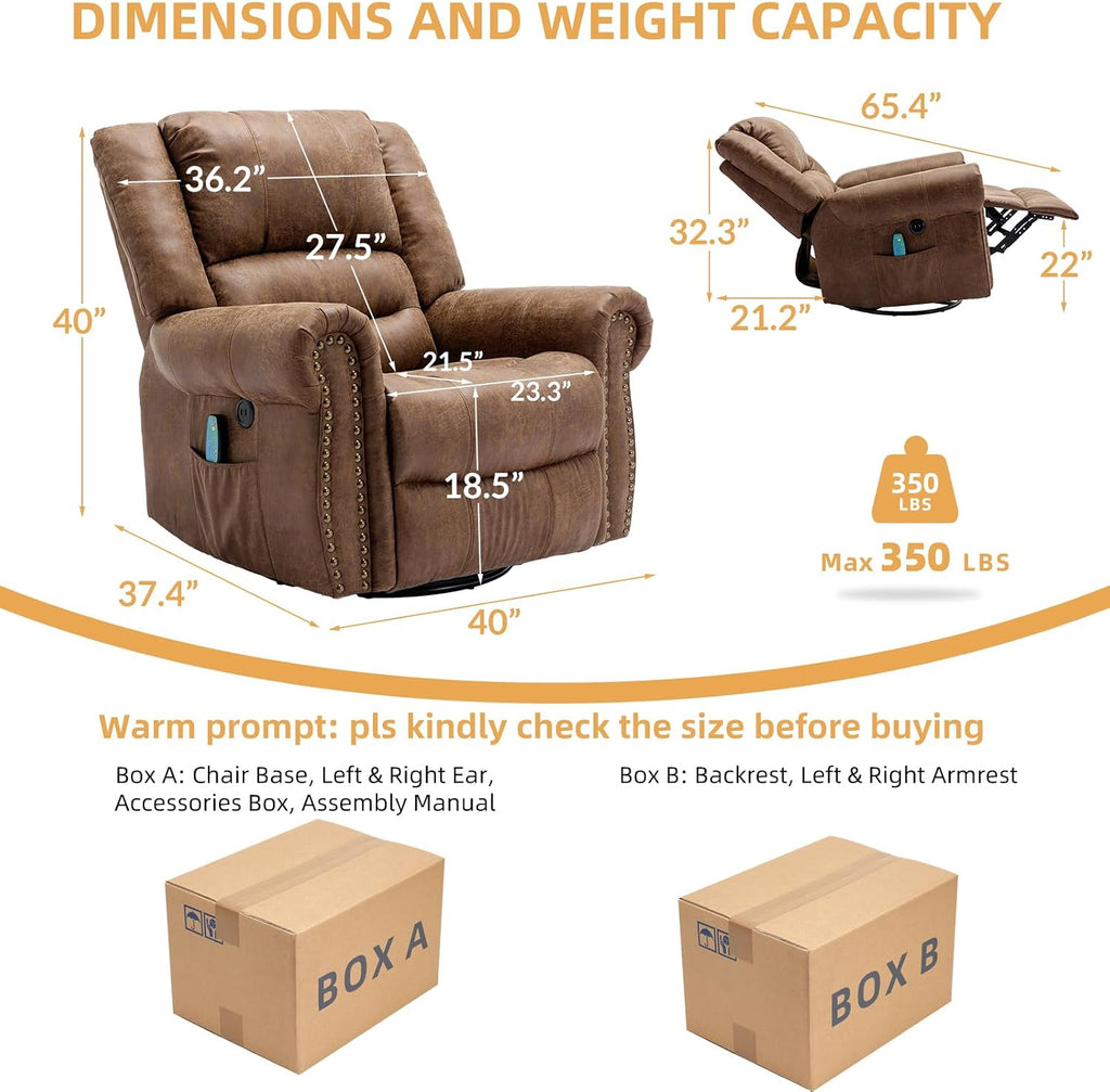 Manual Massage Recliner with Heating Function, 360° Swivel Glider Rocking Recliner Chair for Living Room, Ergonomic Single Sofa Chair with Remote Control/USB Ports/Side Pockets(Brown)