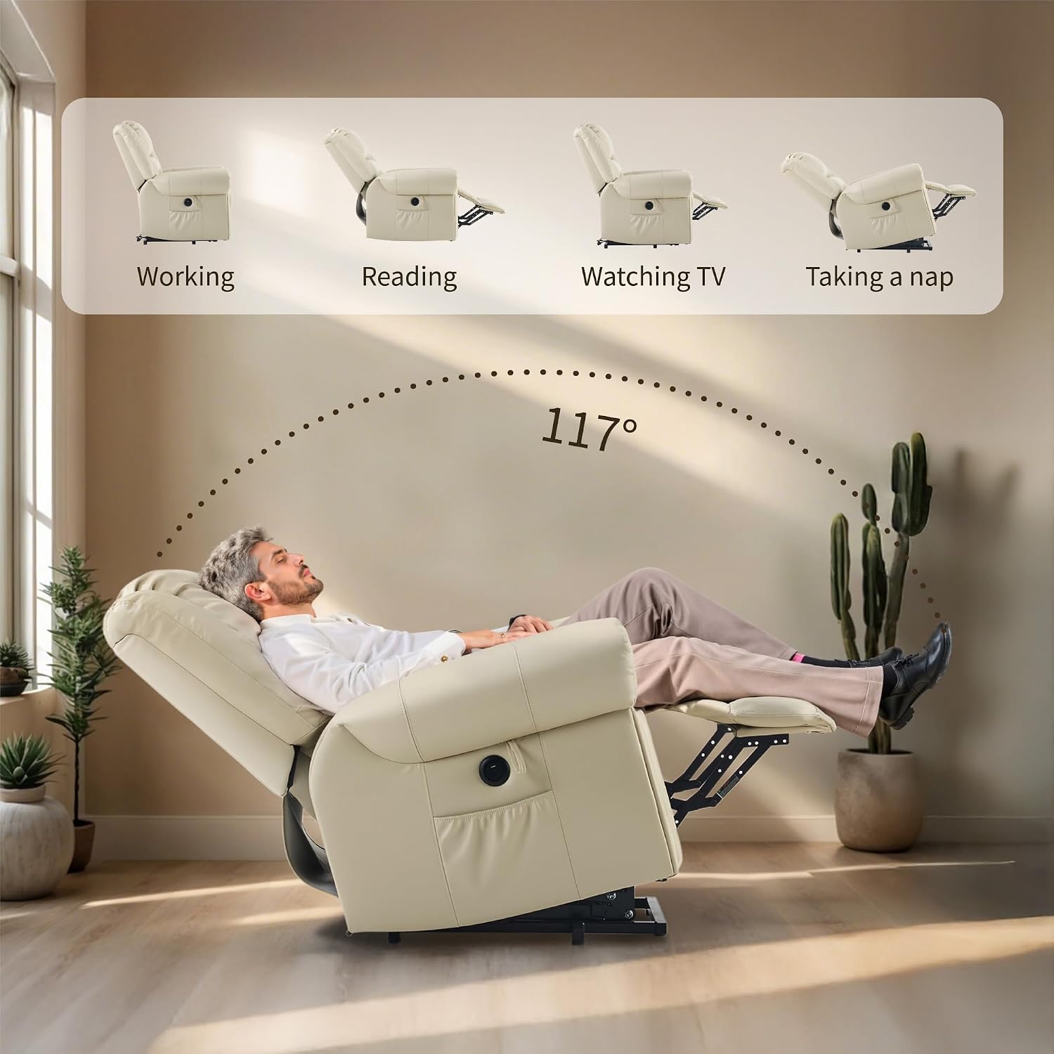 FLEXISPOT Power Lift Recliner Chair for Elderly with Heat & Massage, Faux Leather Electric Reclining Chair for Seniors with USB Ports, Cup Holders & Side Pockets, Cream