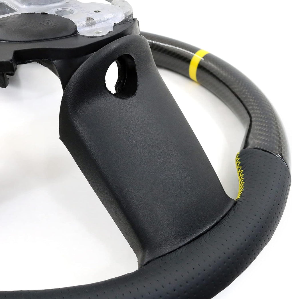 IKON MOTORSPORTS, Steering Wheel Compatible with 2010-2014 Ford Mustang, Steering Wheel Bodykit Replacement Carbon Fiber & Leather Yellow Stitch & Indicator, 2011 2012 2013