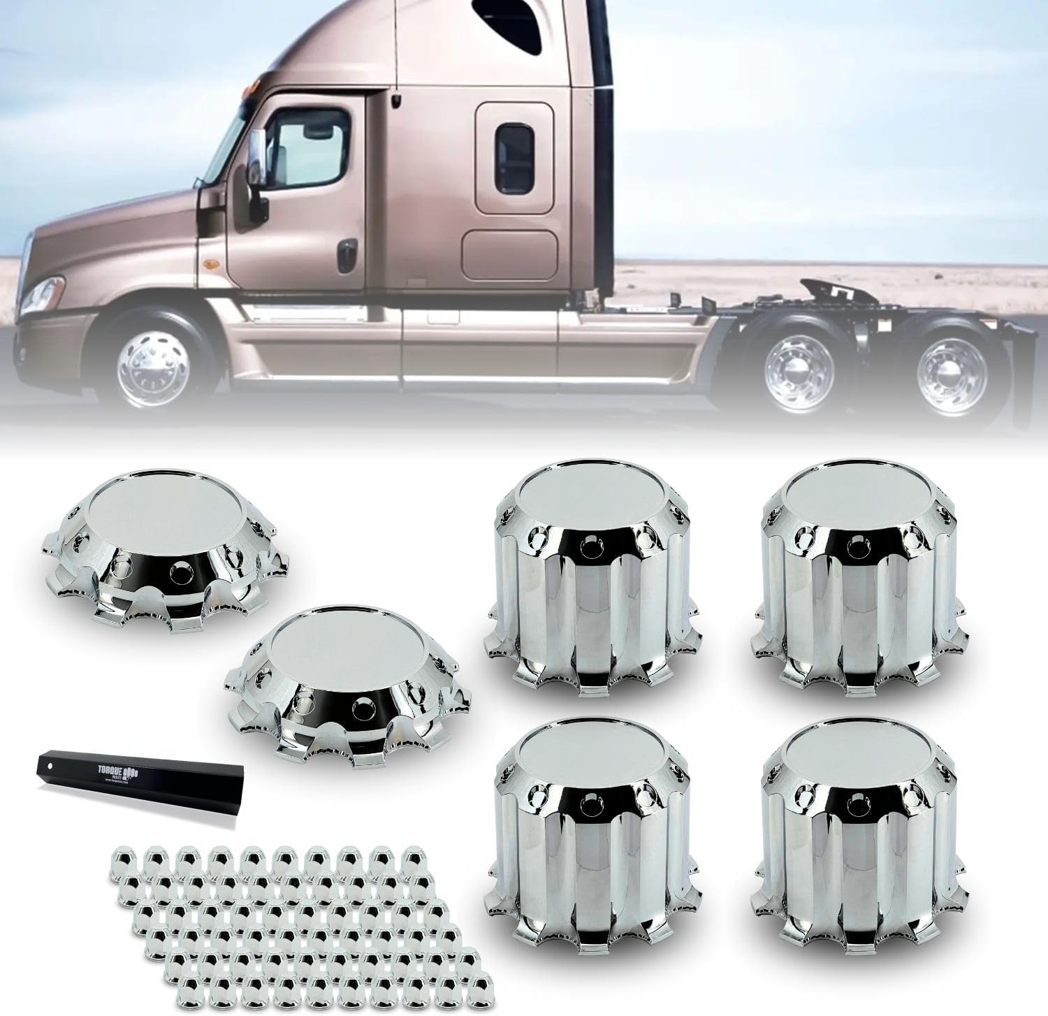 TORQUE Luxury Chrome Front and Rear Axle Complete Wheel Cover Set 33mm Screw-on Lug Nut Covers for Semi Trucks (Installation Tool Included) Standart Hub Caps Kit (2 Front & 4 Rear) (TR634)