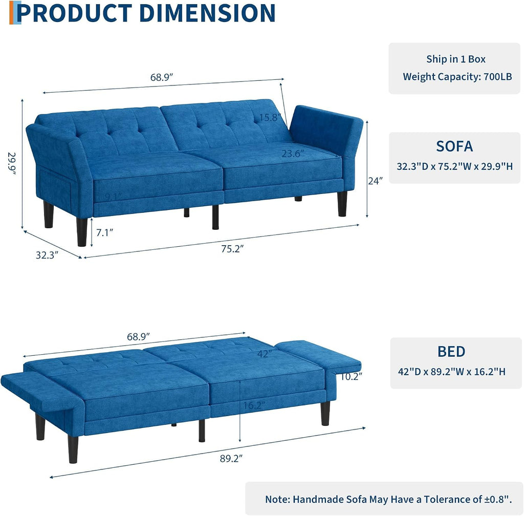 GarveeHome 89' Futon Sofa Bed, Convertible Sleeper Sofa with Adjustable Backrest & Armrest, Modern Futon Couch Bed, Loveseat Sleeper for Living Room Bedroom Apartments, Blue