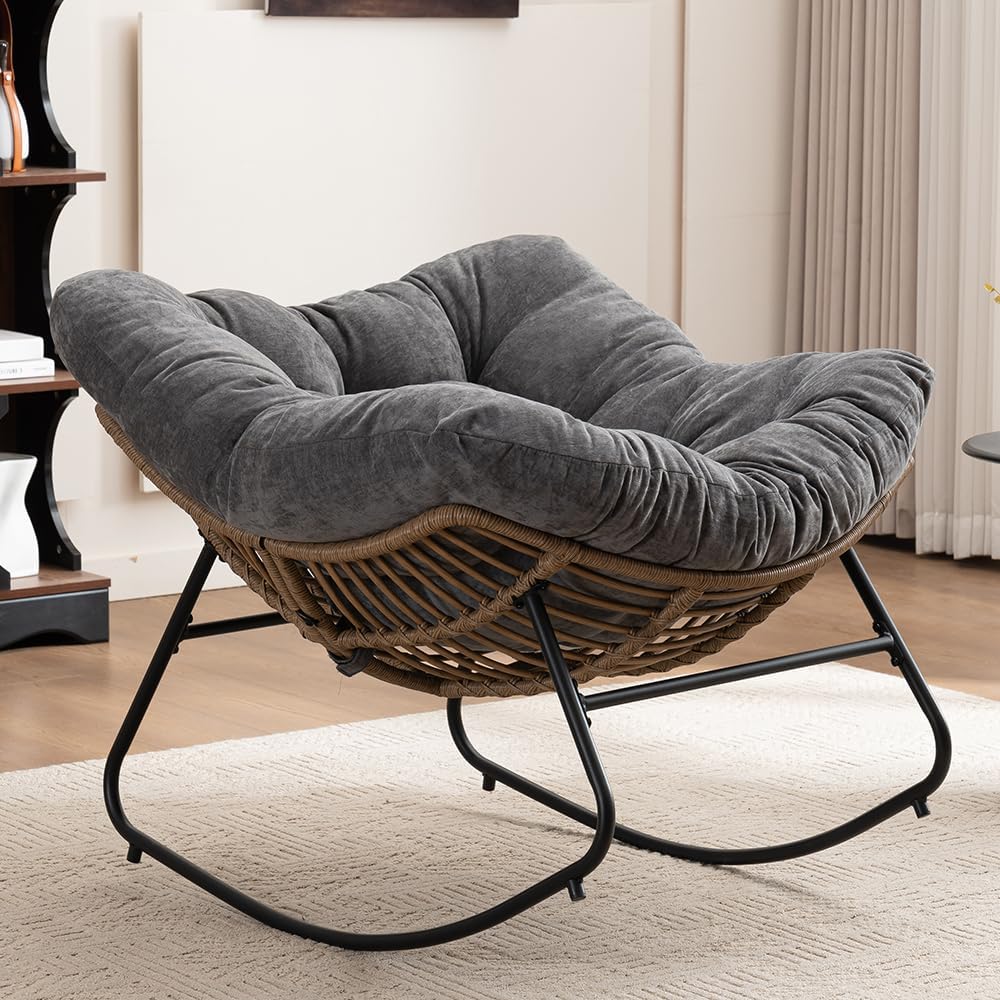 Outdoor Papasan Chair, Oversized Rocking Chair with Cushion and Metal Frame, Patio Lounge Rocking Chair for Balcony Backyard Porch Bedroom Living Room (Grey)