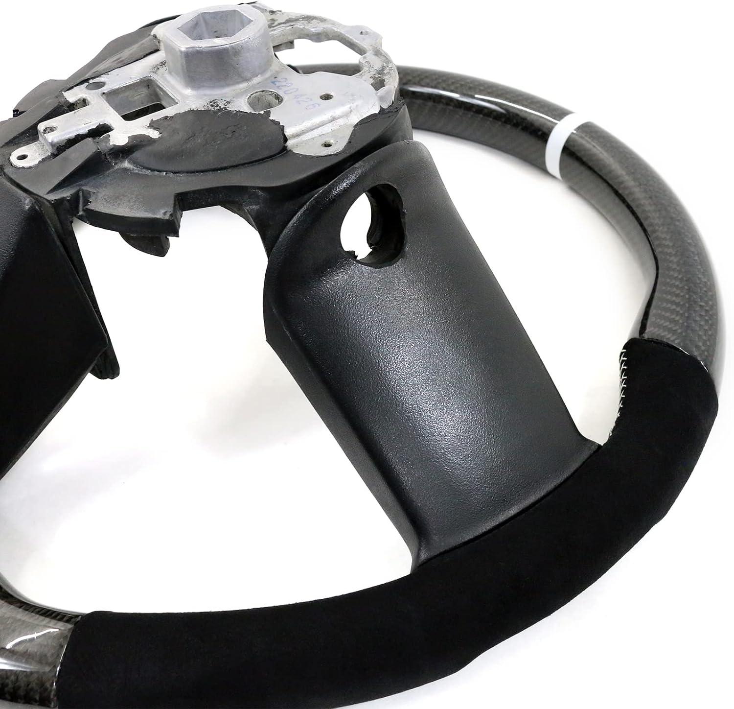 IKON MOTORSPORTS, Steering Wheel Compatible with 2010-2014 Ford Mustang, Steering Wheel Bodykit Replacement Carbon Fiber & Synthetic Suede White Stitch & Indicator, 2011 2012 2013