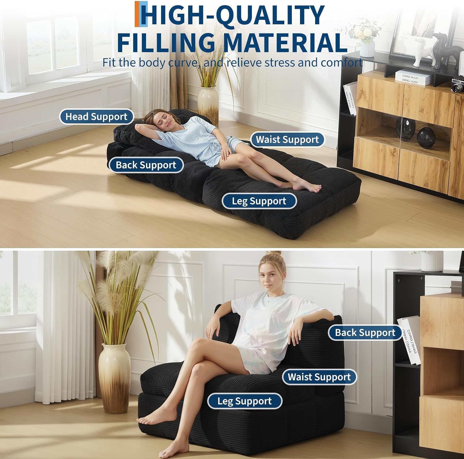 Garvee Folding Sofa Bed, Convertible Sleeper Chair with Pillow Foldable Mattress with Back Support, Boneless Fold Out Chair Bed Comfy Floor Sofa Lounge for Living Room, Bedroom, Black, Single