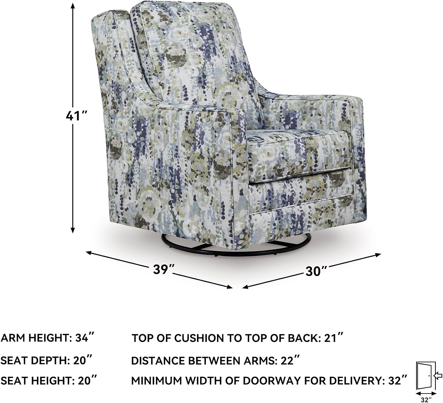 Signature Design by Ashley Dustinford Contemporary Abstract Floral Swivel Glider Accent Chair with Reversible Cushions, Blue & Green