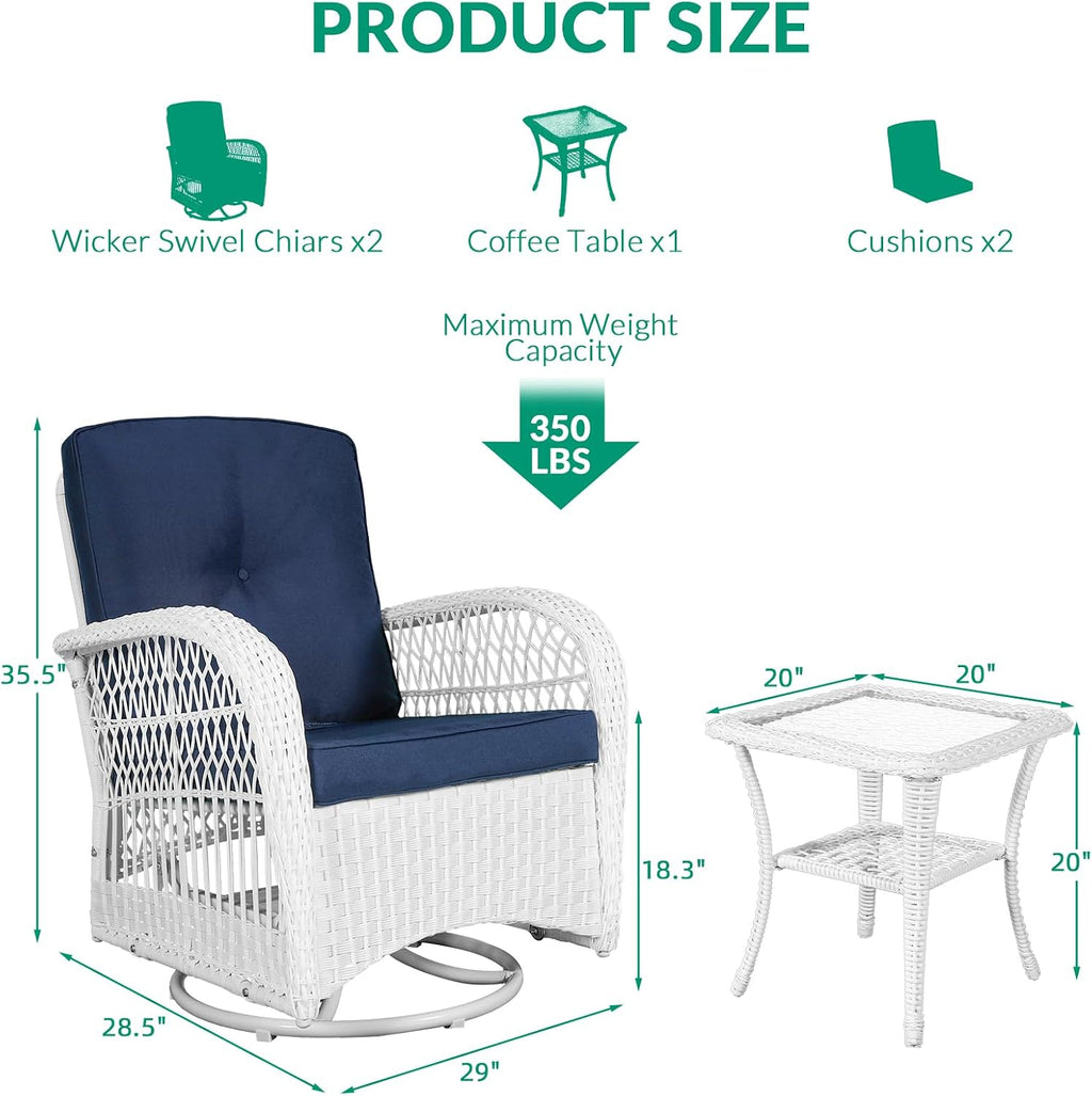 VIVIJASON 3-Piece Patio Conversation Bistro Set, Outdoor Swivel Glider Rocking Chairs Rattan Furniture Set w/ 2 Rattan Chairs, Glass Top Side Table for Porch Backyard, White - Navy Blue