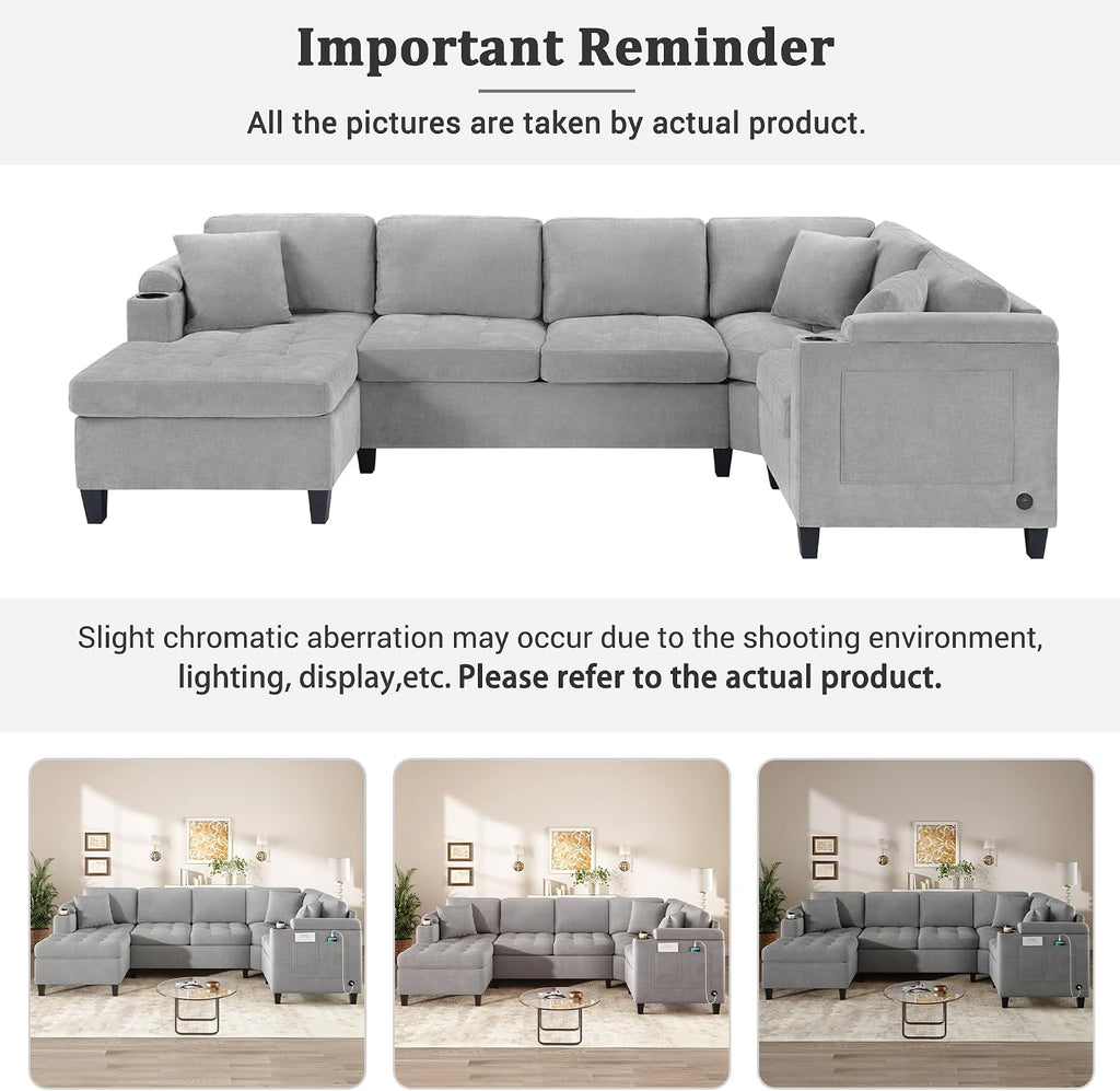 Merax 115.7' U-Shaped Chenille Sectional Sofa, 4 Seat Corner Couch Oversized with Built-in Cup Holders, 3 Pillows, Storage Space for Living Room, Light Grey