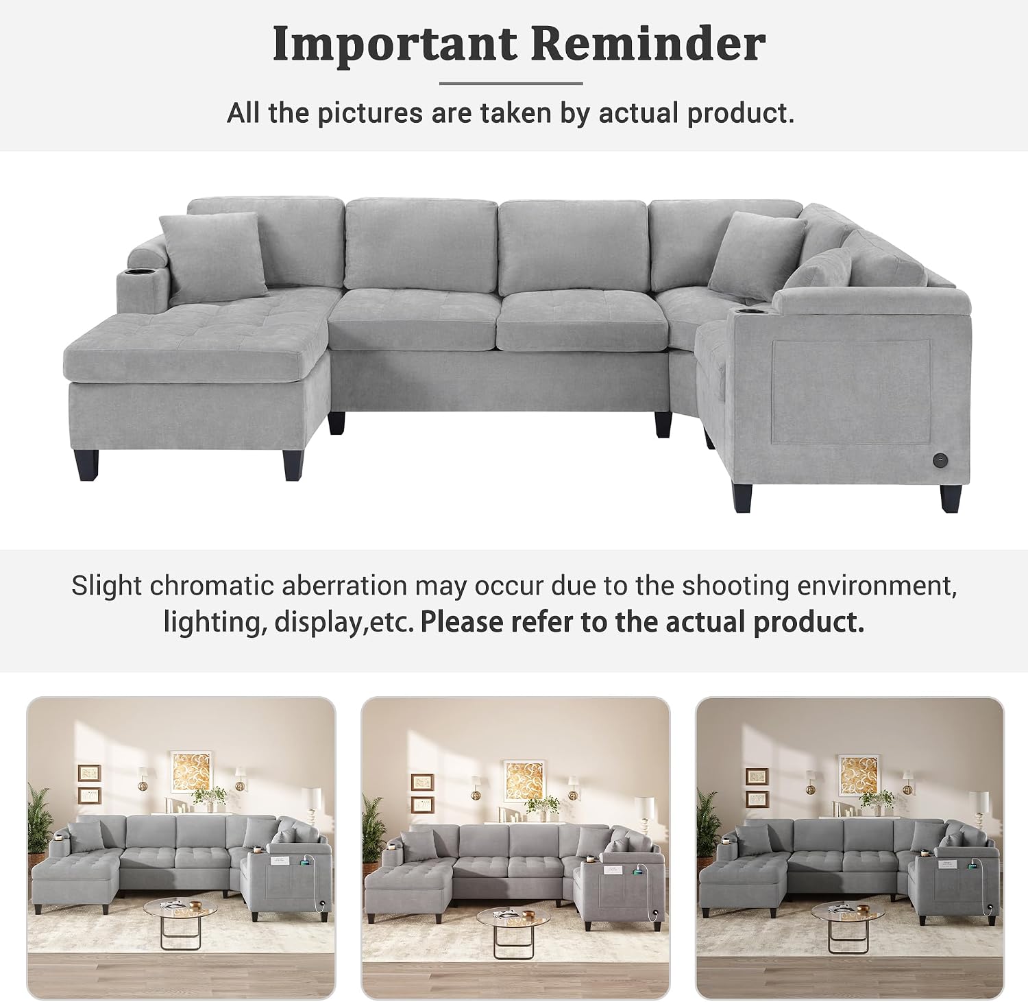 Merax 115.7' U-Shaped Chenille Sectional Sofa, 4 Seat Corner Couch Oversized with Built-in Cup Holders, 3 Pillows, Storage Space for Living Room, Light Grey