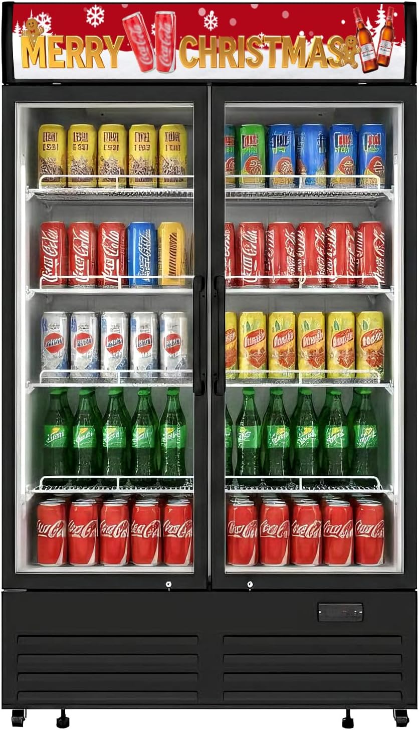 26 cu.ft Commercial Refrigerators with 2 Glass Door, Beverage Fridge with LED Light Display Upright Merchandiser, Drink Cooler with 8 Adjustable Shelves Black ETL Approved