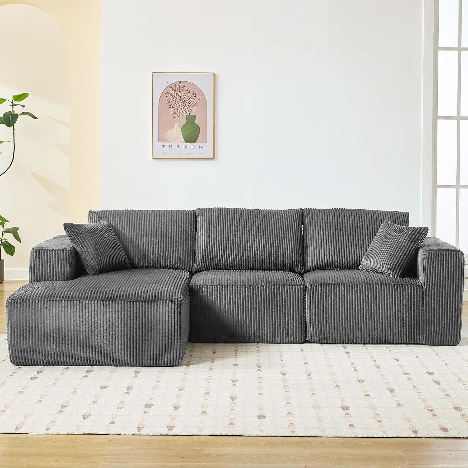 Garvee Boneless Cloud Couch 108' Sectional Modern Comfy l-Shape Convertible Compression Sleeper Modular Sofa with Corduroy Fabric Deep Seat Loveseat + Chaise for Living Room No Assembly Required
