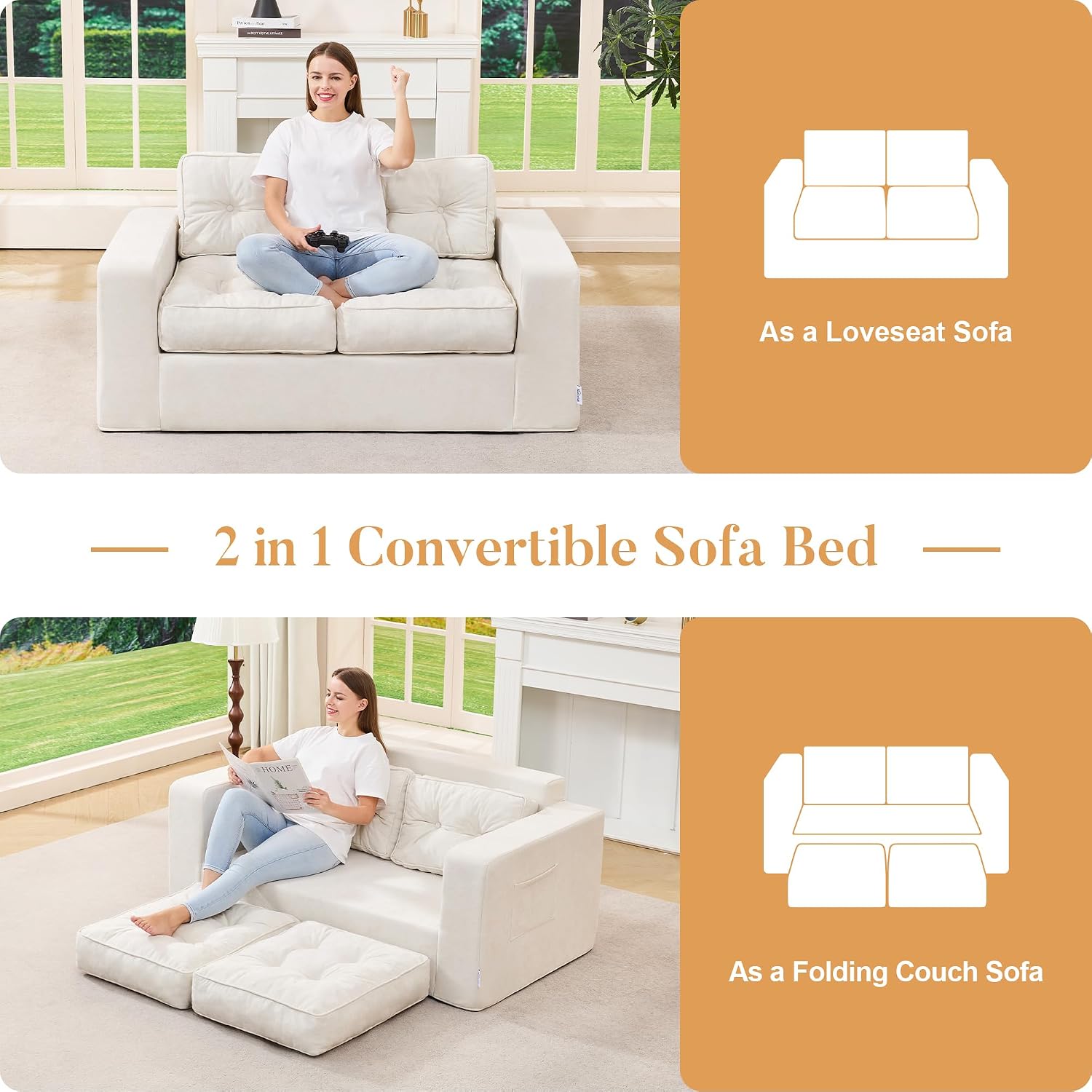 Hobestluk Sofa Couch Loveseat Sofa with Chenille Fabric 2-Seater Sofa for Small Spaces Comfortable Foam Floor Sofa 2 in 1 Boneless Couch for Living Room Bedroom Apartment or Office (Beige, Loveseat)