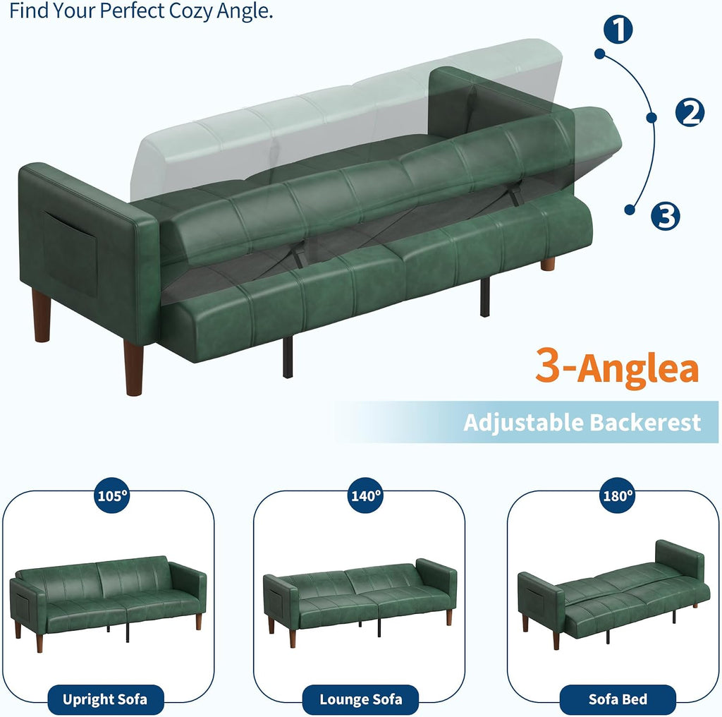 GarveeHome Futon Sofa Bed, 75-Inch Modern Faux Leather Convertible Couch, Mid-Century Loveseat for Small Space, Living Room, Bedroom, Green