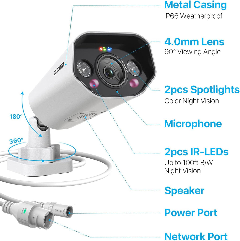 ZOSI 2 Pack 5MP PoE IP Camera with Person Vehicle Detection, Outdoor Indoor Security Camera with 2-Way Talk, Color Night Vision, Smart Light&Sound Alerts, Only Compatible POE NVR System