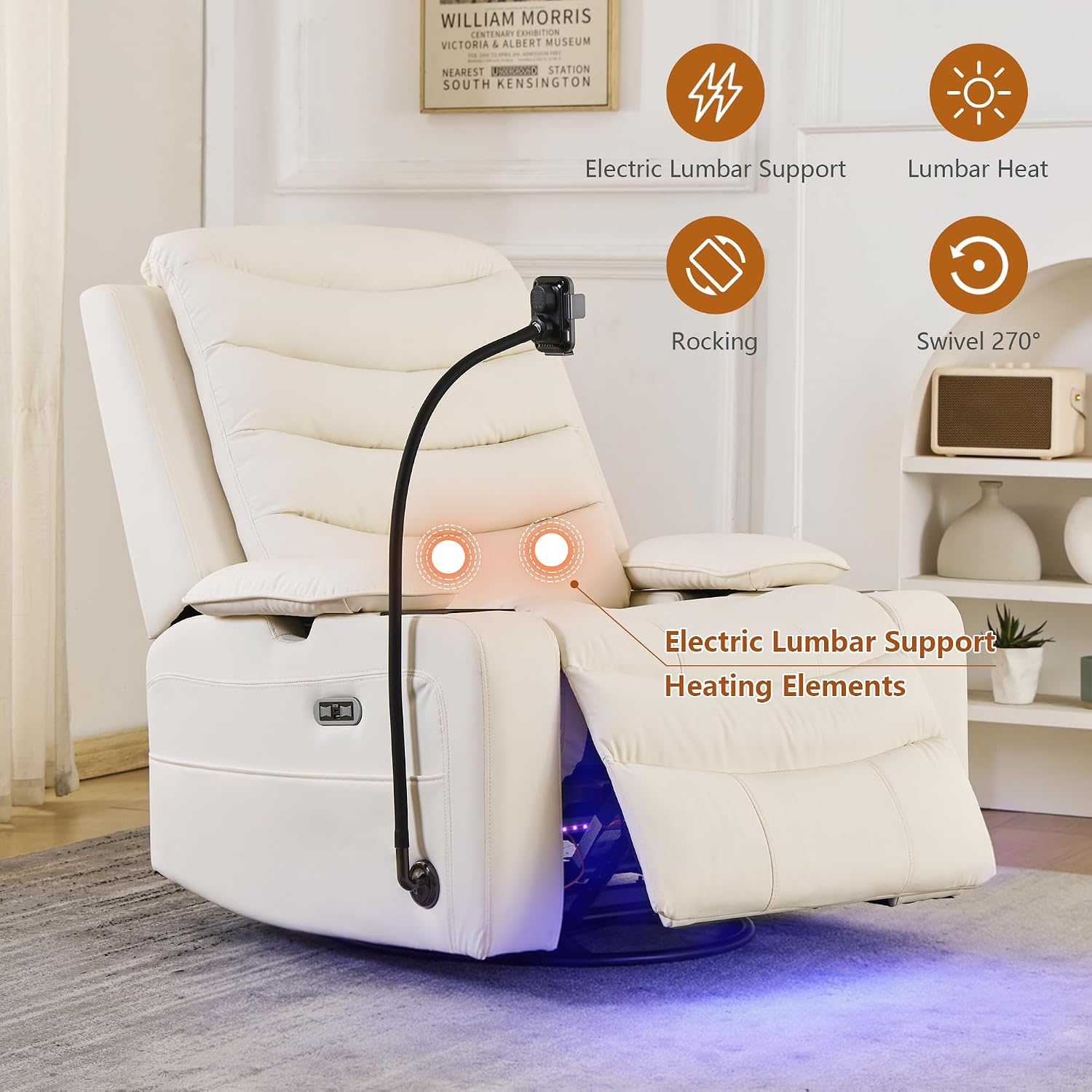 Holaki Rocking Chair Nursery, Oversized Glider Recliner Nursery Chair Swivel Reading Chair with Heated Lumbar Support Smart Cup Holder and Fast-Charging Phone Mount for Breastfeeding(Beige)