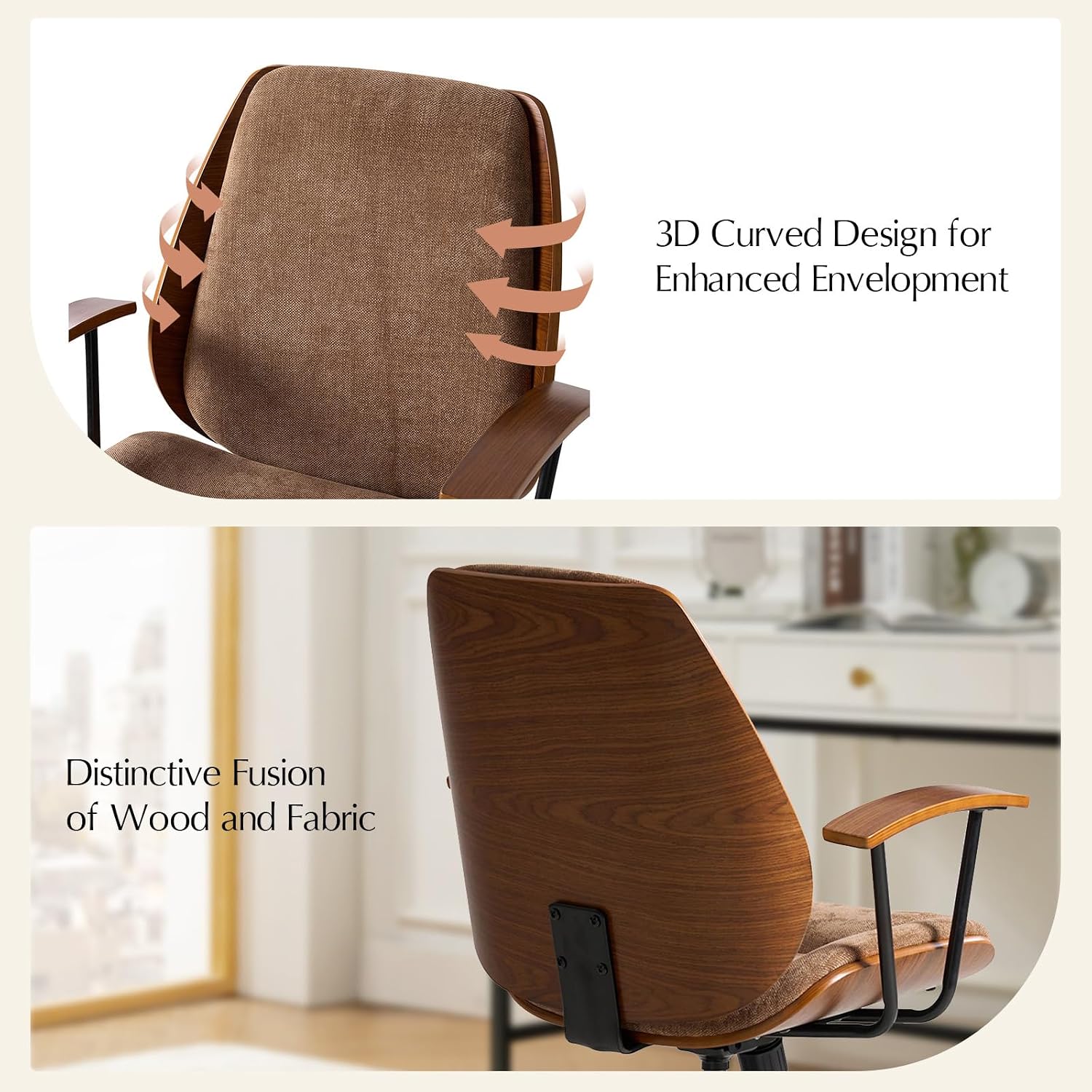 HULALA HOME Solid Wood Office Chair with Rocking Function, Comfy Fabric Desk Chair with Bent Wood and Metal Base, Height Adjustable Swivel Computer Task Chair, Camel