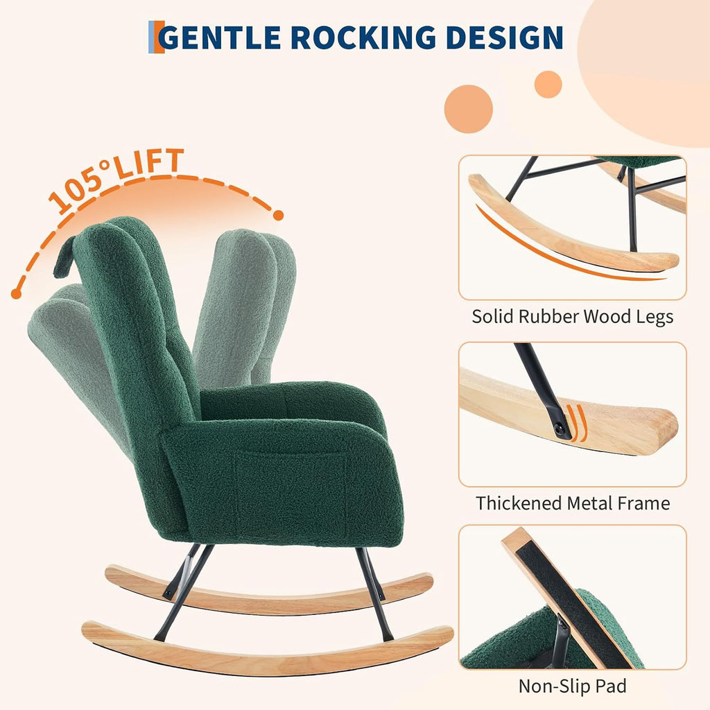 Nursery Rocking Chair - Teddy Upholstered Glider Rocker for Adults, Wood Legs, Two Side Pockets, Padded Seat, High Backrest, Glider Chair for Living Room, Bedroom, Small Spaces - Dark Green