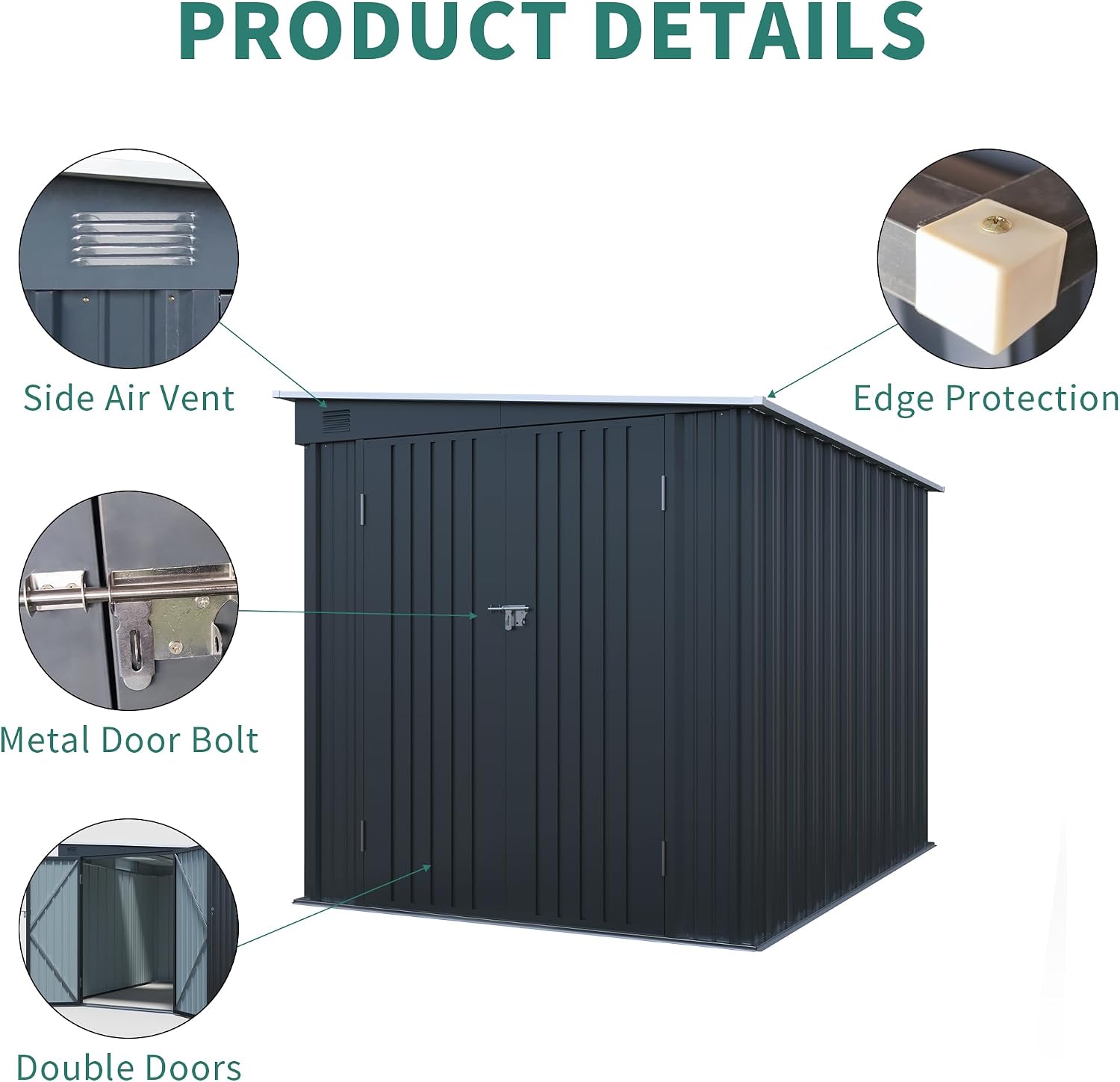 6x8FT Galvanized Steel Storage Shed with Lockable Double Doors, UV-Resistant Outdoor Metal Shed & Lean-to Design Garden Shed with PC Light Board for Tools, Bikes and Patio Essentials