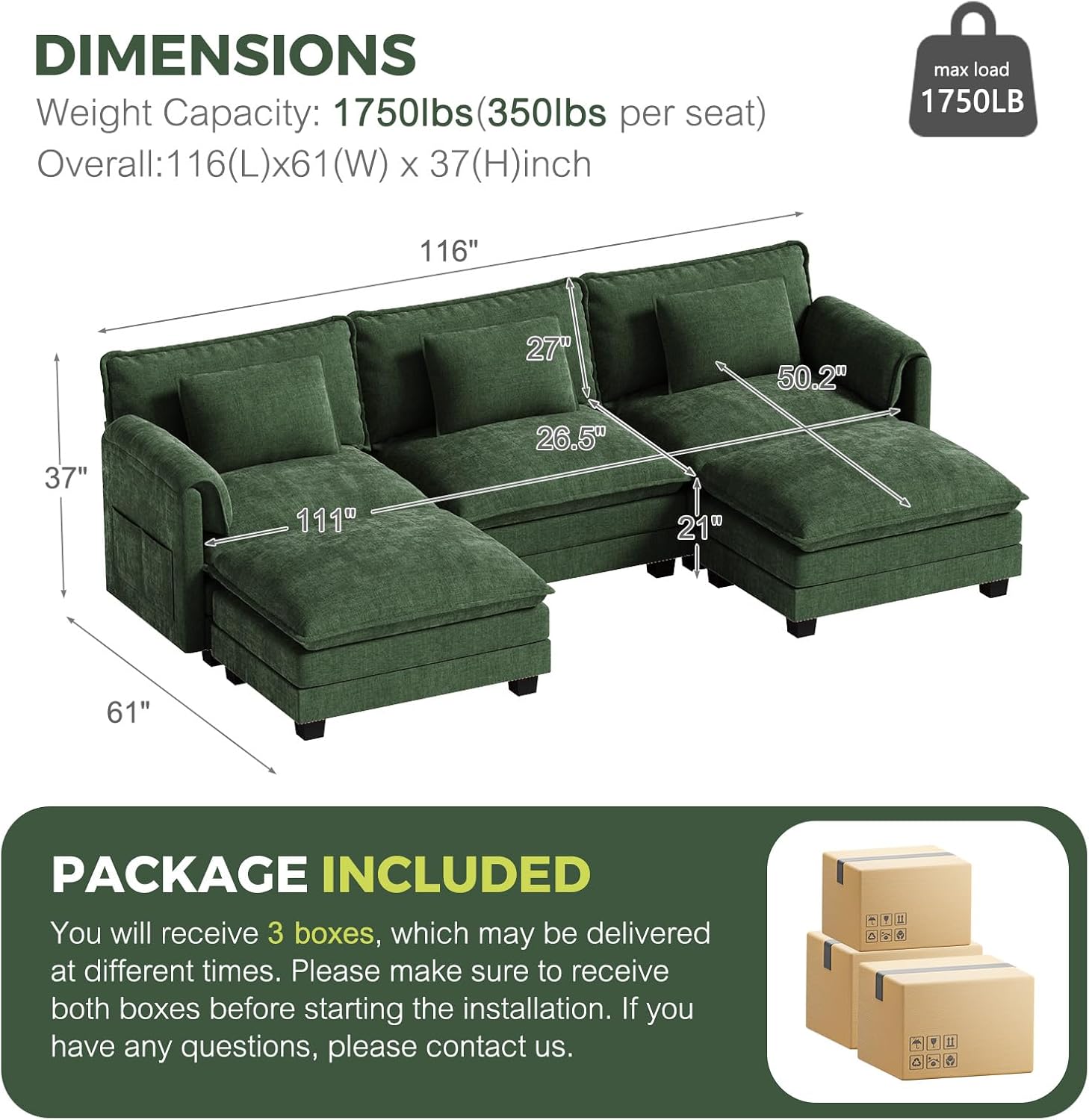 ELUCHANG 116' U Shaped Modular Sectional Cloud Couch with Pillow, Deep Seat Sofa Couches for Living Room, 5-Seat Modern Sofa with Movable Ottoman, Chenille Green