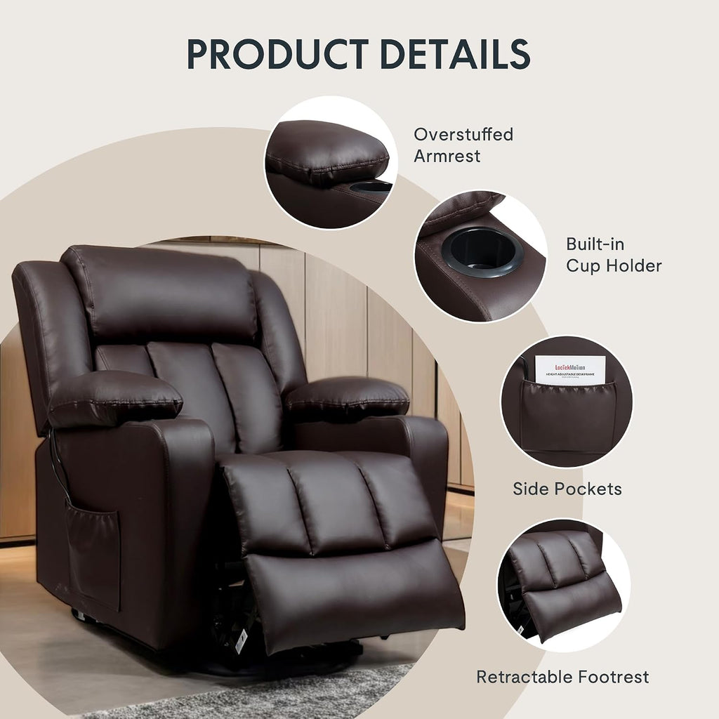 FLEXISPOT XL31 Power Lift Recliner Chair for Elderly, Electric Lift Chair with Massage & Heat, PU Leather Reclining Sofa w/Cup Holders for Living Room Bedroom, FSC Certified(Medium Size,Brown)