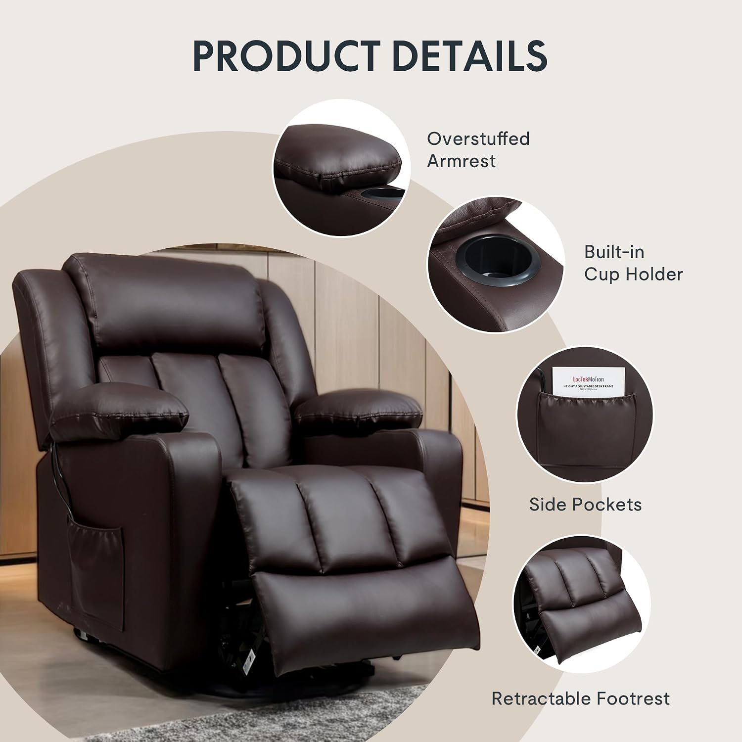 FLEXISPOT XL31 Power Lift Recliner Chair for Elderly, Electric Lift Chair with Massage & Heat, PU Leather Reclining Sofa w/Cup Holders for Living Room Bedroom, FSC Certified(Medium Size,Brown)