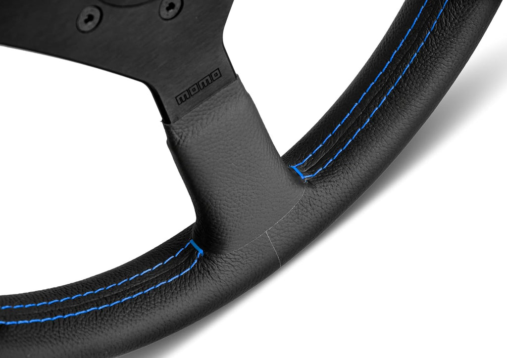 MOMO Motorsport Montecarlo Street Steering Wheel, Black Leather Grip, Brushed Black Anodized Spoke Finish, Blue Stitching, 350mm