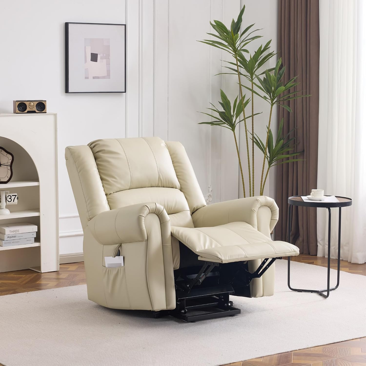 FLEXISPOT Power Lift Recliner Chair for Elderly with Heat & Massage, Faux Leather Electric Reclining Chair for Seniors with USB Ports, Cup Holders & Side Pockets, Cream
