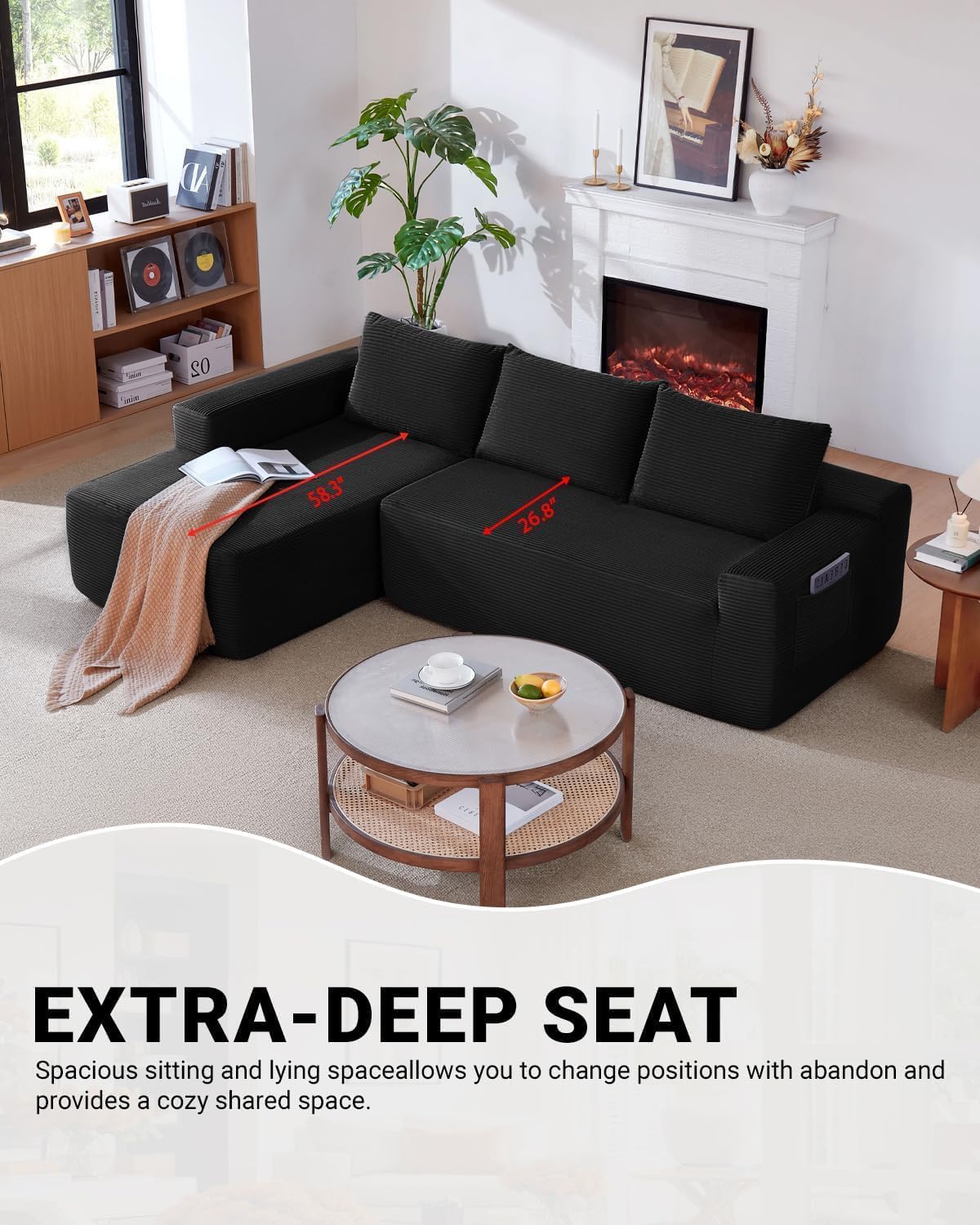 97' Cloud Couch Sectional, L Shaped Boneless Couch Sectional Couches for Living Room, Modern Comfy Corduroy Fluffy Modular Sofa with Deep Seat, No Assembly (Black, Left Facing Chaise)