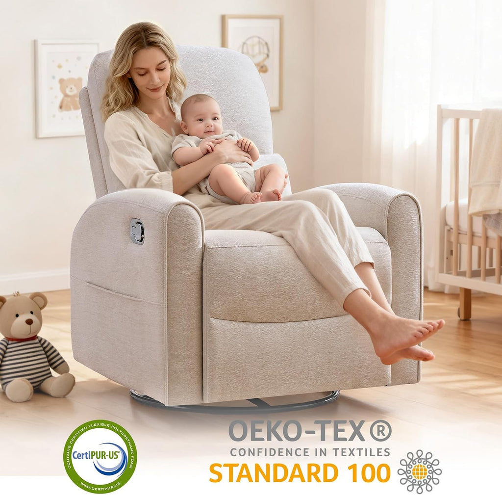 Swivel Rocker Recliner, Manual Swivel Glider Nursery Recliner Chair with Adjustable Headrest and Lumbar Support, Rocking Recling Chairs for Small Space, Living Room, Bedroom, Camel