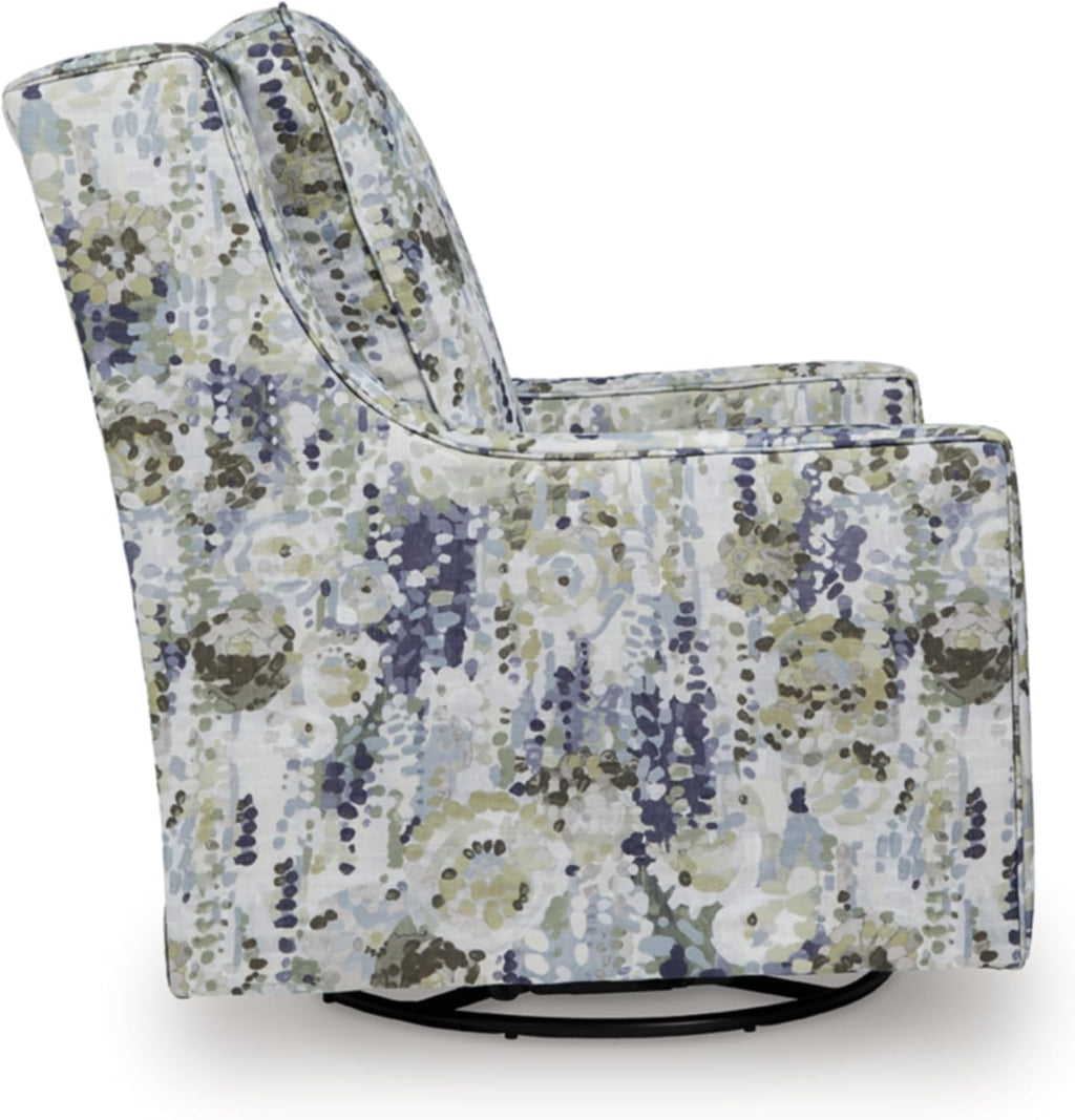 Signature Design by Ashley Dustinford Contemporary Abstract Floral Swivel Glider Accent Chair with Reversible Cushions, Blue & Green