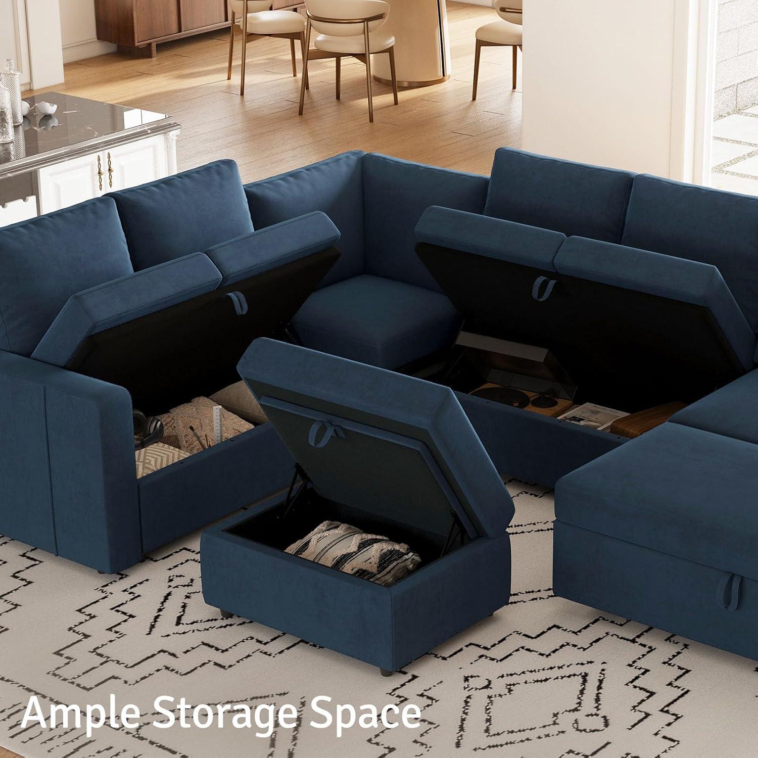 Belffin Modular Sectional Sofa with Sleeper Sofa Couch Pullout Bed, Oversized U Shaped Sleeper Sectional Couch with Reversible Storage Seat for Living Room, Blue
