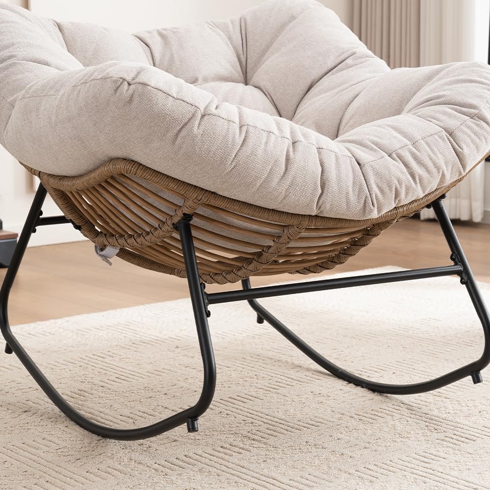 Outdoor Papasan Chair, Oversized Rocking Chair with Cushion and Metal Frame, Patio Lounge Rocking Chair for Balcony Backyard Porch Bedroom Living Room (Light Beige)