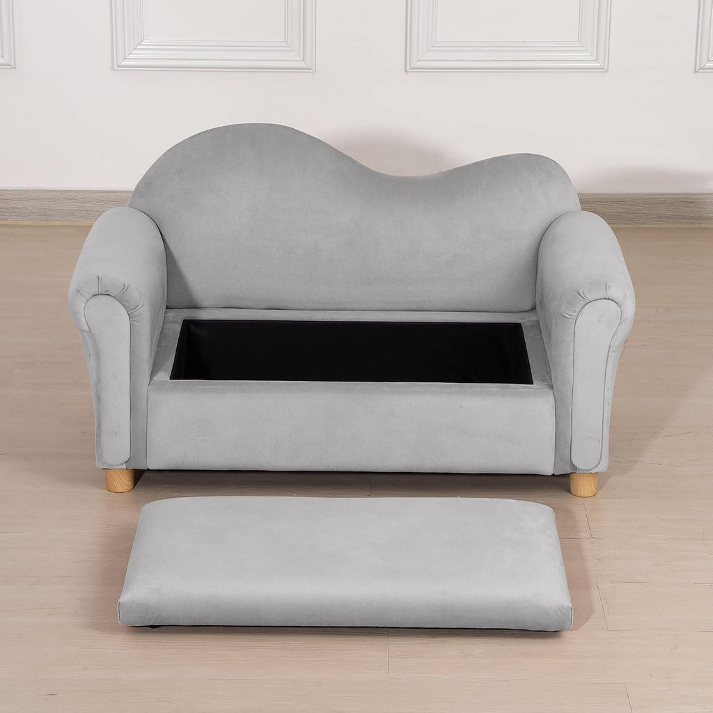 Qaba Ergonomic Foam Kids Sofa with Inner Toy Storage Chest, Velvet Kids Couch with Soft Arms, Children's Lounge Furniture, Gray