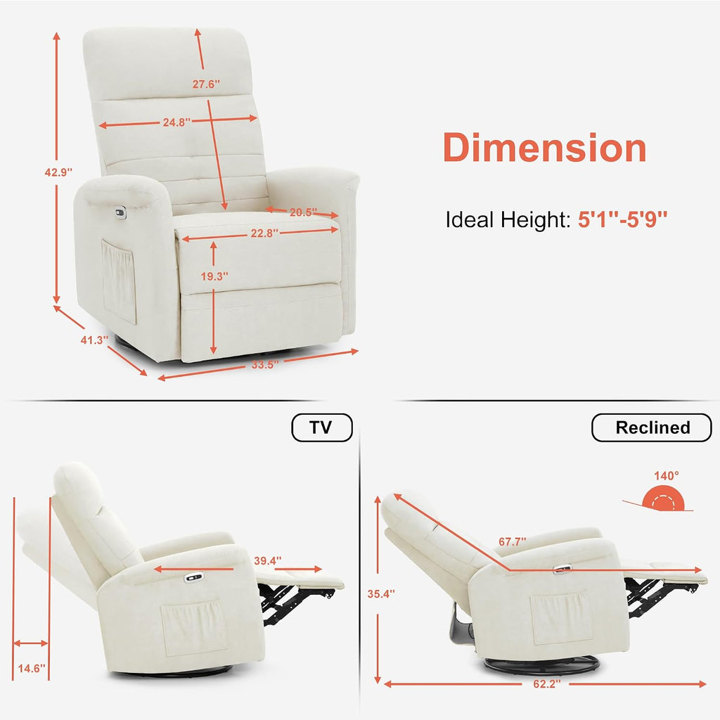 MCombo Power Swivel Glider Recliner Chair, Electric Rocker Recliner Chairs with USB Charging Ports for Living Room and Nursery, Fabric 7763 (Cream White)