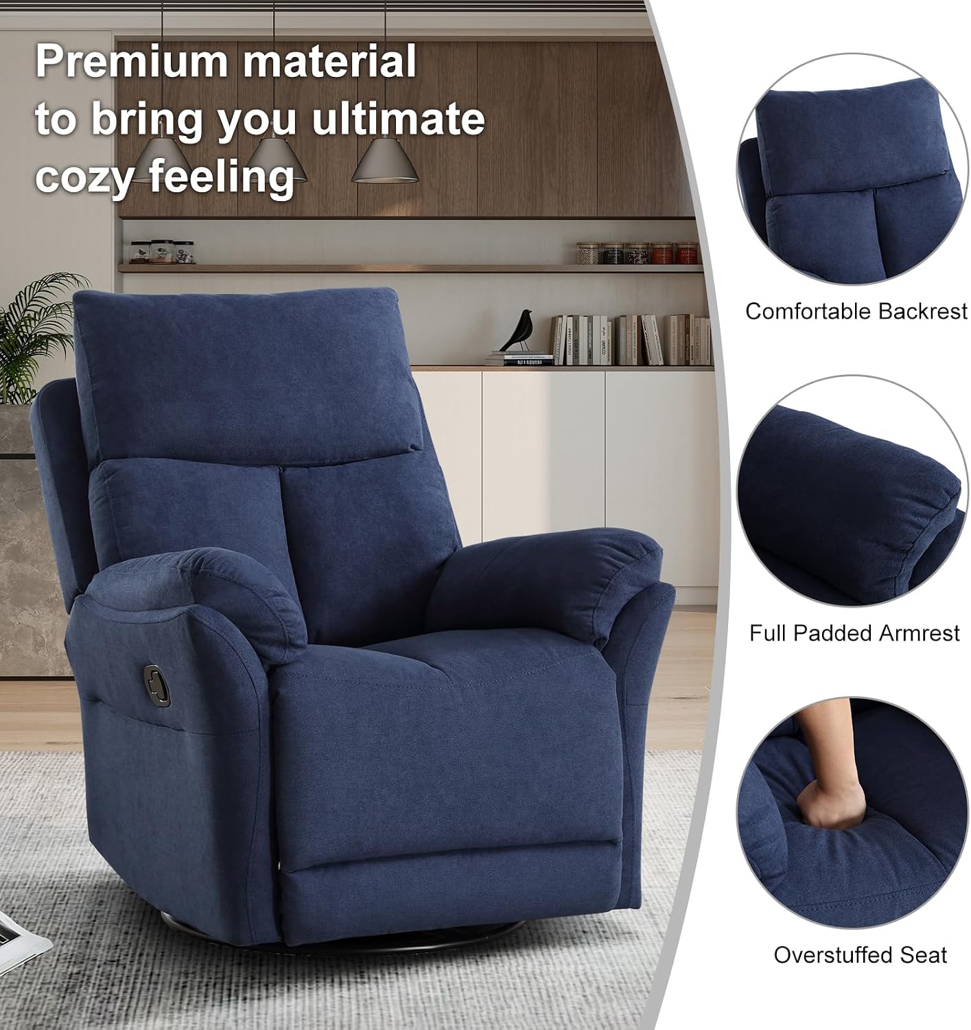 CANMOV Swivel Rocker Recliner, Manual Recliner with Overstuffed Cushion, Nursing Chairs for Living Room, Swivel Glider Recliners with Soft Backrest, Blue