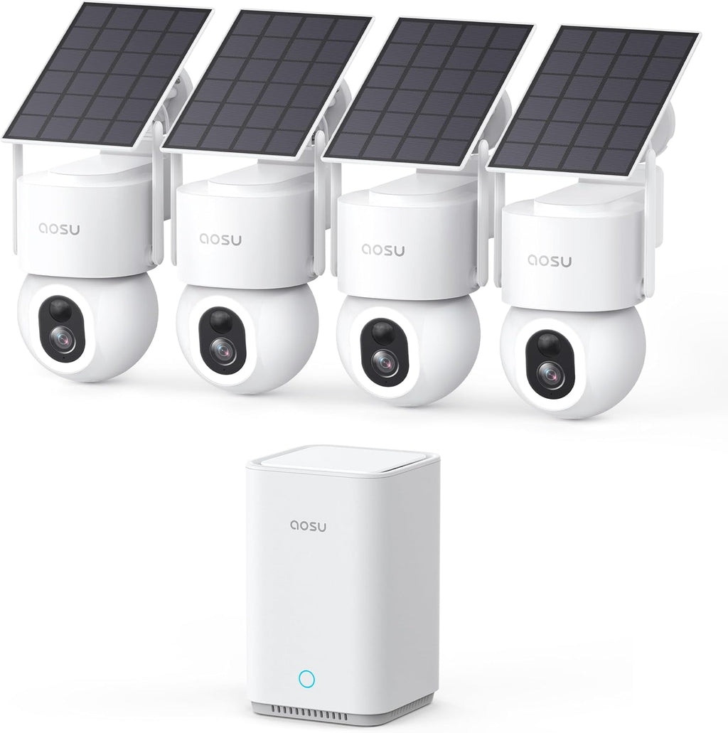 aosu SolarCam D1 Max 4-Cam Kit, 4K Solar Security Cameras Outdoor Wireless, 360° Pan & Tilt Coverage, Auto Tracking, Color Night Vision, No Subscription Required, Local Storage up to 1TB