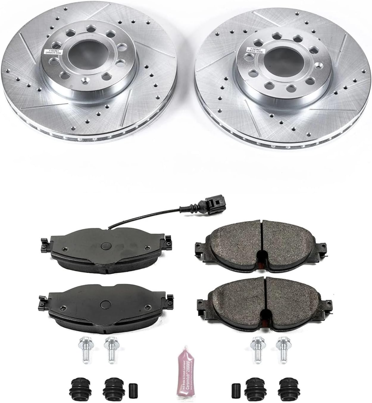 PowerStop Front Brake Kit for Audi A3 2015-16 |A3 Quattro 2015-18 |A3 Sportback e-tron 2016-18 - Drilled and Slotted Disc Rotors with Carbon-Fiber Ceramic Brake Pads Replacement, K7080