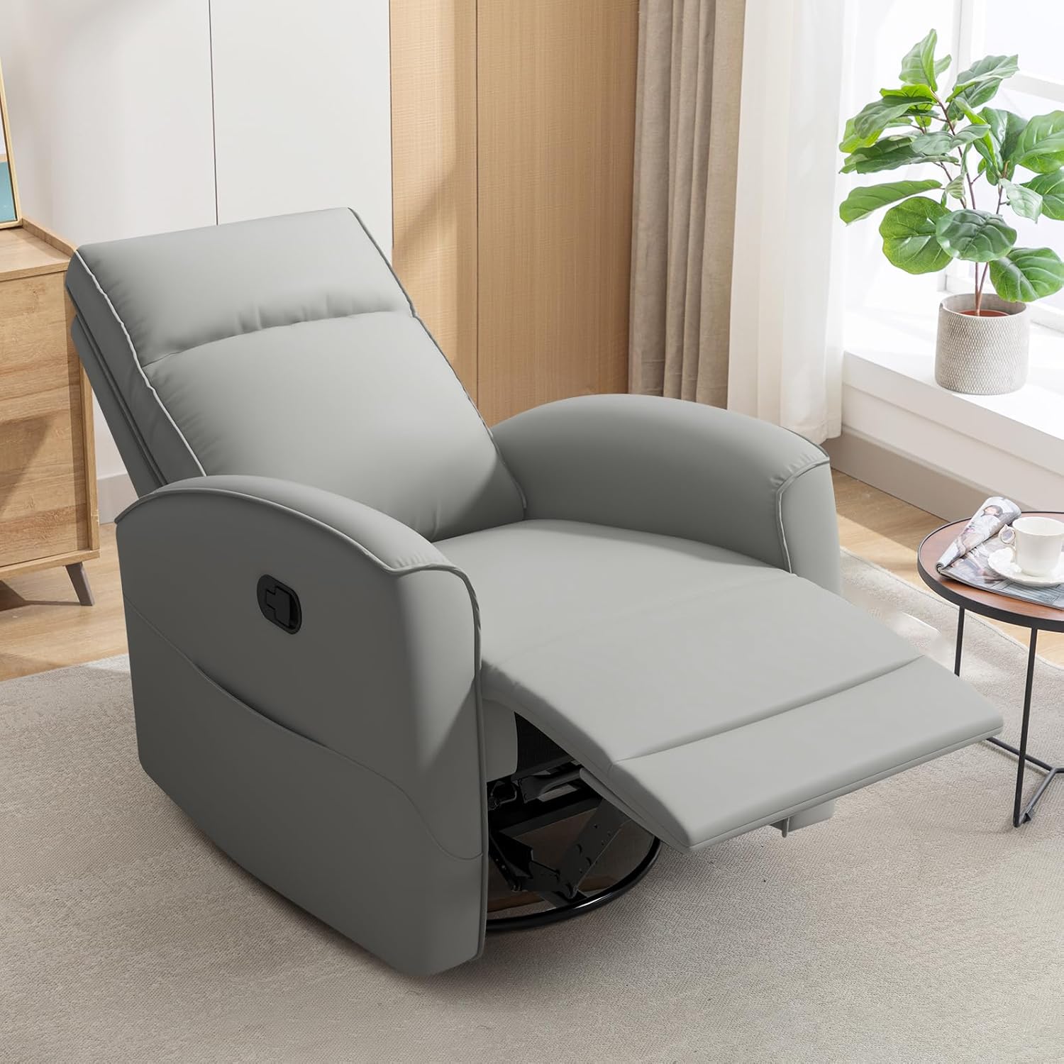 CANMOV Rocker Recliner Chair,360°Swivel Nursery Glider Recliner,Manual Recliner Sofa with Padded Armrest and Backrest,Leather Recliner for Small Spaces,Living Room,Bedroom (Grey)