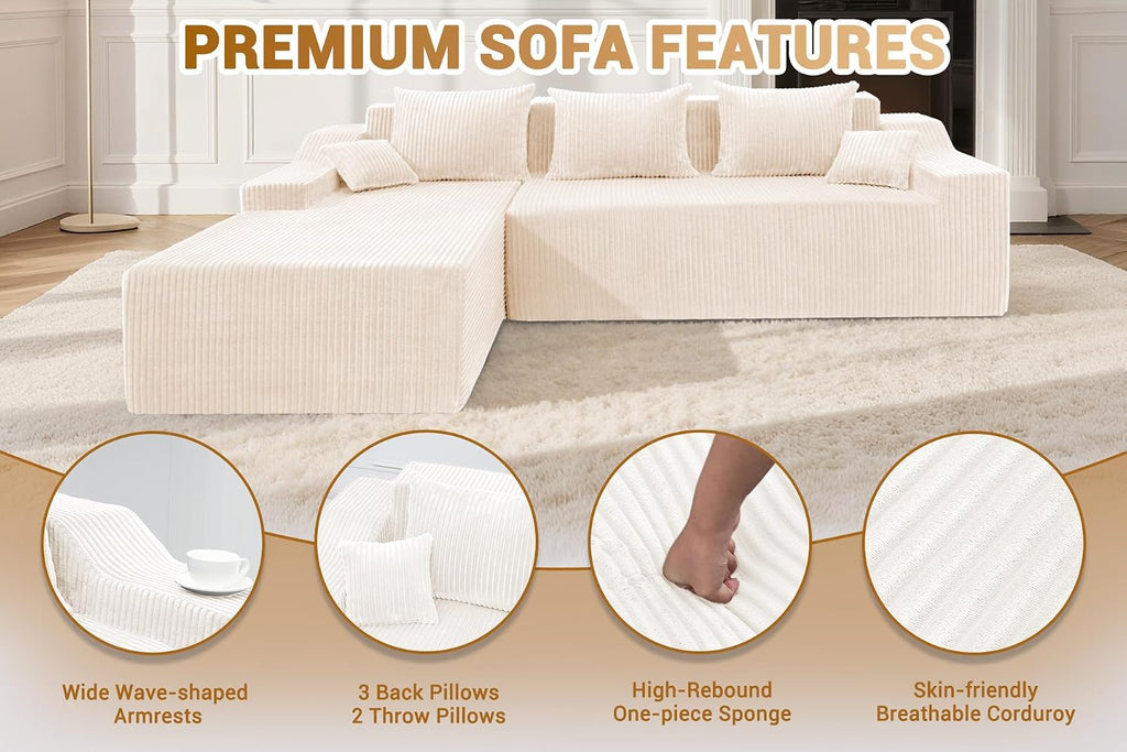 HABUTWAY 101'' Modular Sectional Sofa Cloud Couch with Deep Seat, Modern L-Shaped Convertible Couches Upholstered Couch with Chaise for Living Room Bedroom(Beige, Left-Facing Chaise)