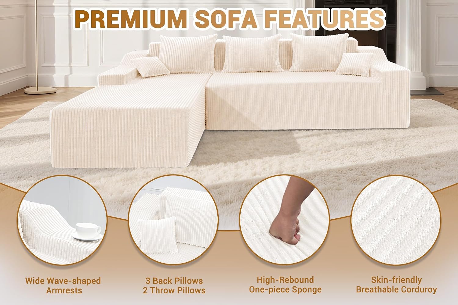 HABUTWAY 101'' Modular Sectional Sofa Cloud Couch with Deep Seat, Modern L-Shaped Convertible Couches Upholstered Couch with Chaise for Living Room Bedroom(Beige, Left-Facing Chaise)